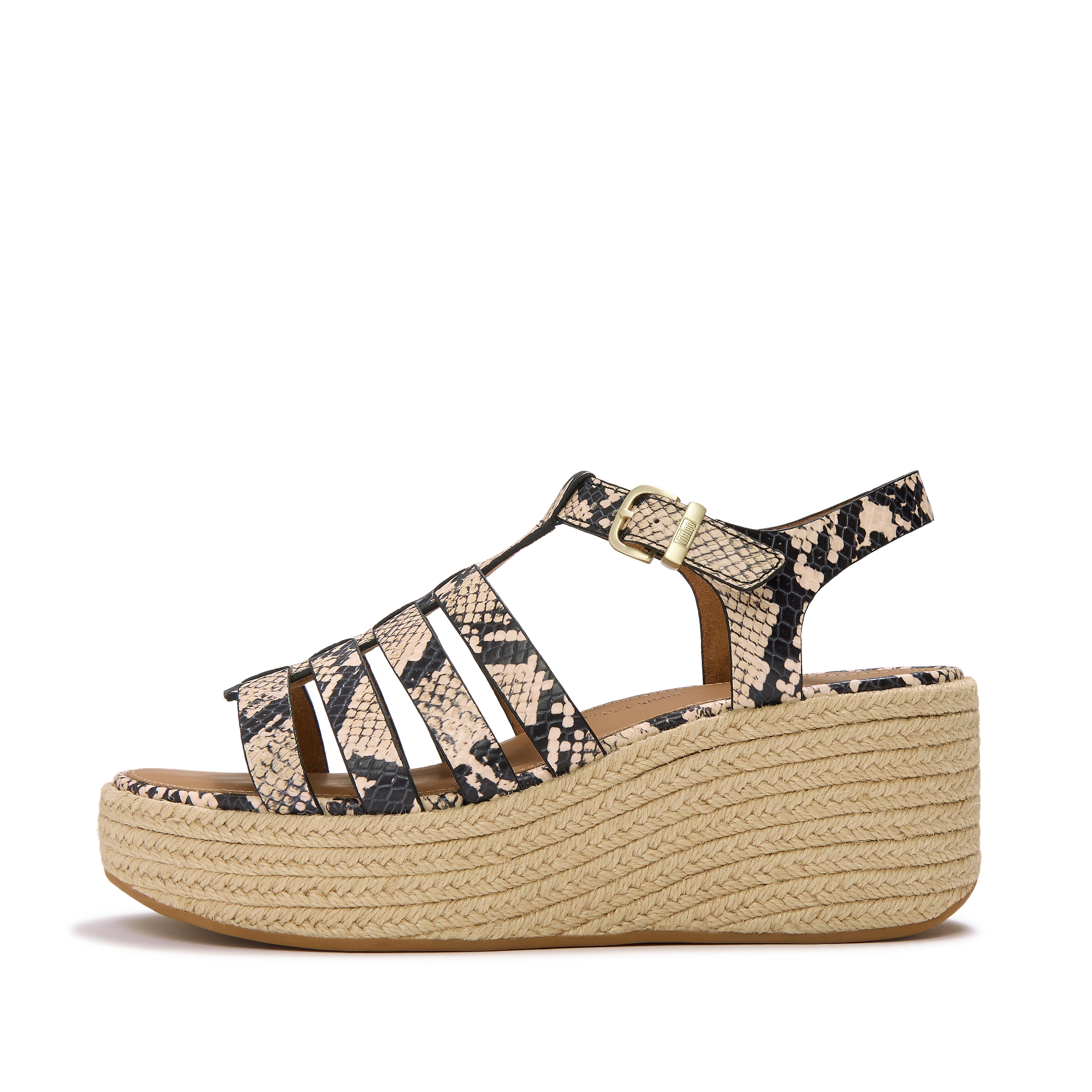 FitFlop PLATFFORMS Leather Espadrille Wedge Sandals - Taupe Snake