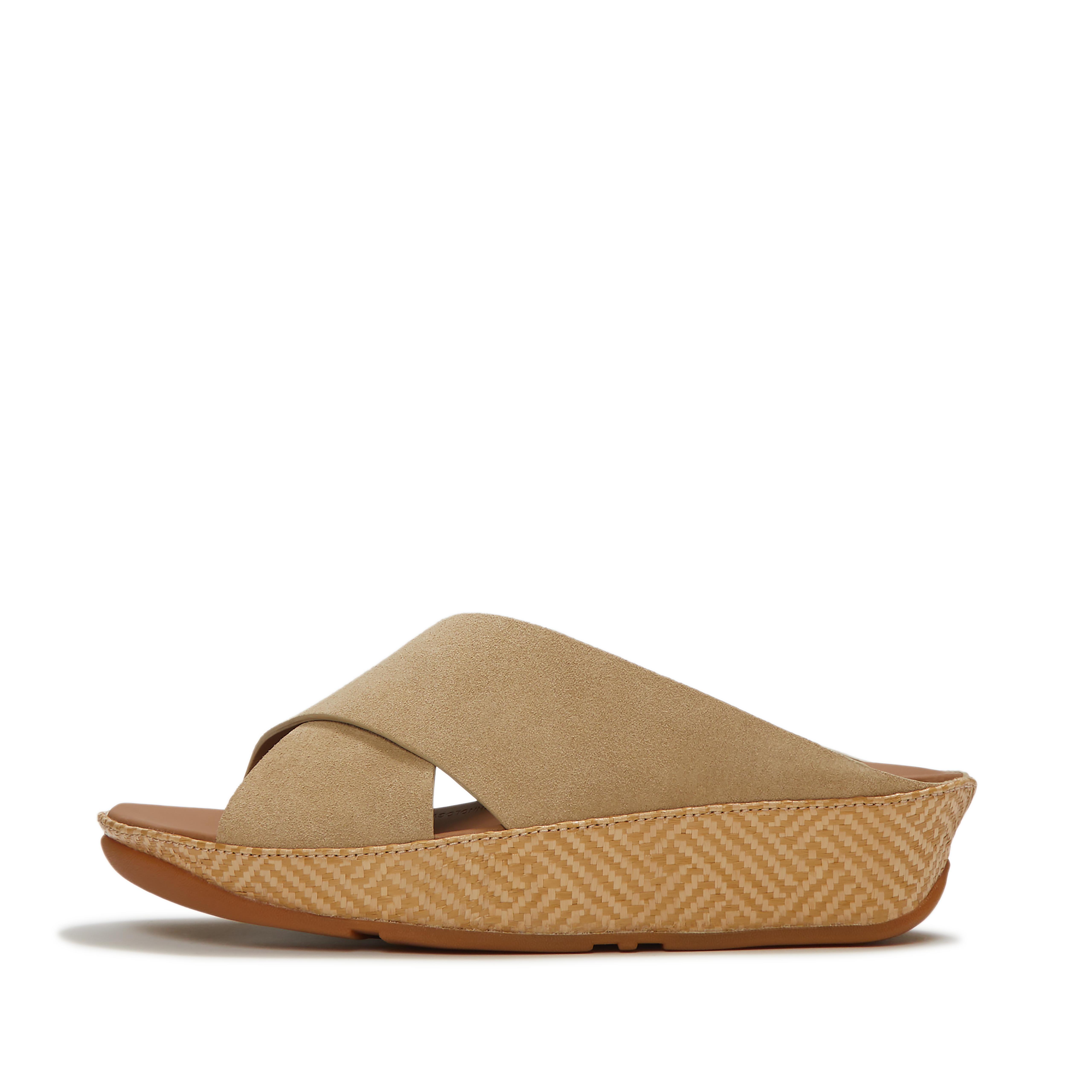 FitFlop LULU Lux Graphic-Weave Suede Cross Slides - Cappuccino