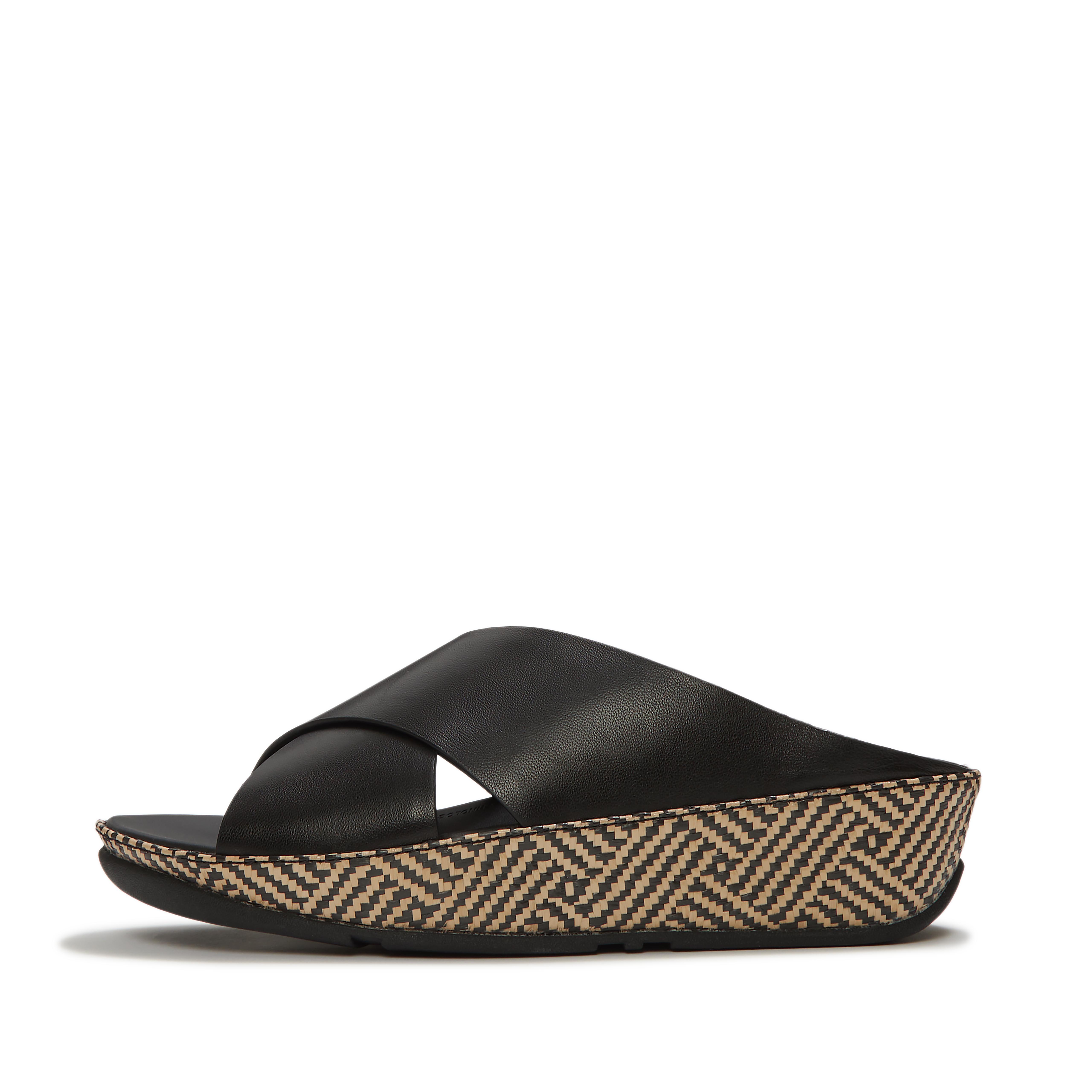 FitFlop LULU Lux Graphic-Weave Leather Cross Slides - Black