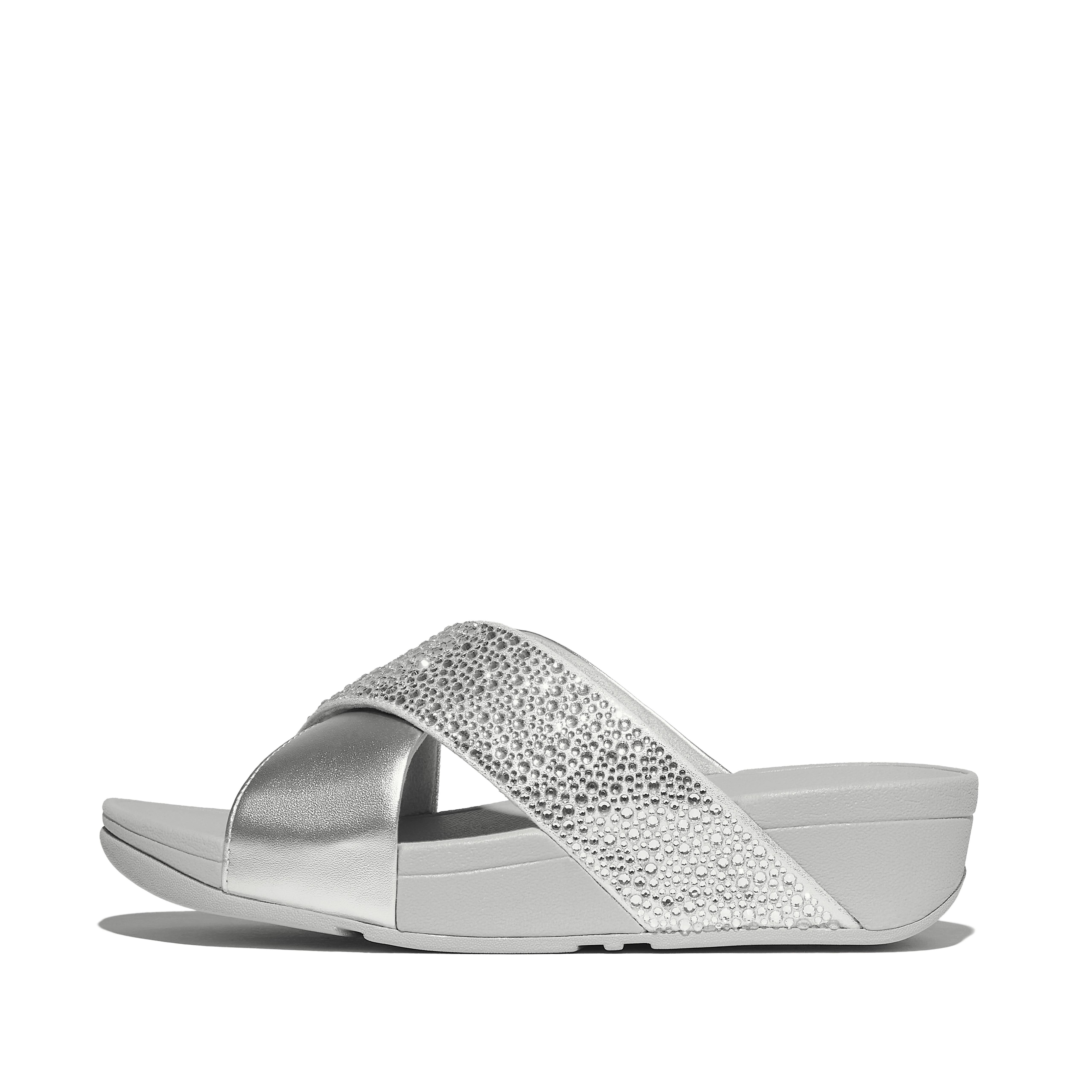 FitFlop LULU Crystal-Mix Metallic Cross Slides - Silver