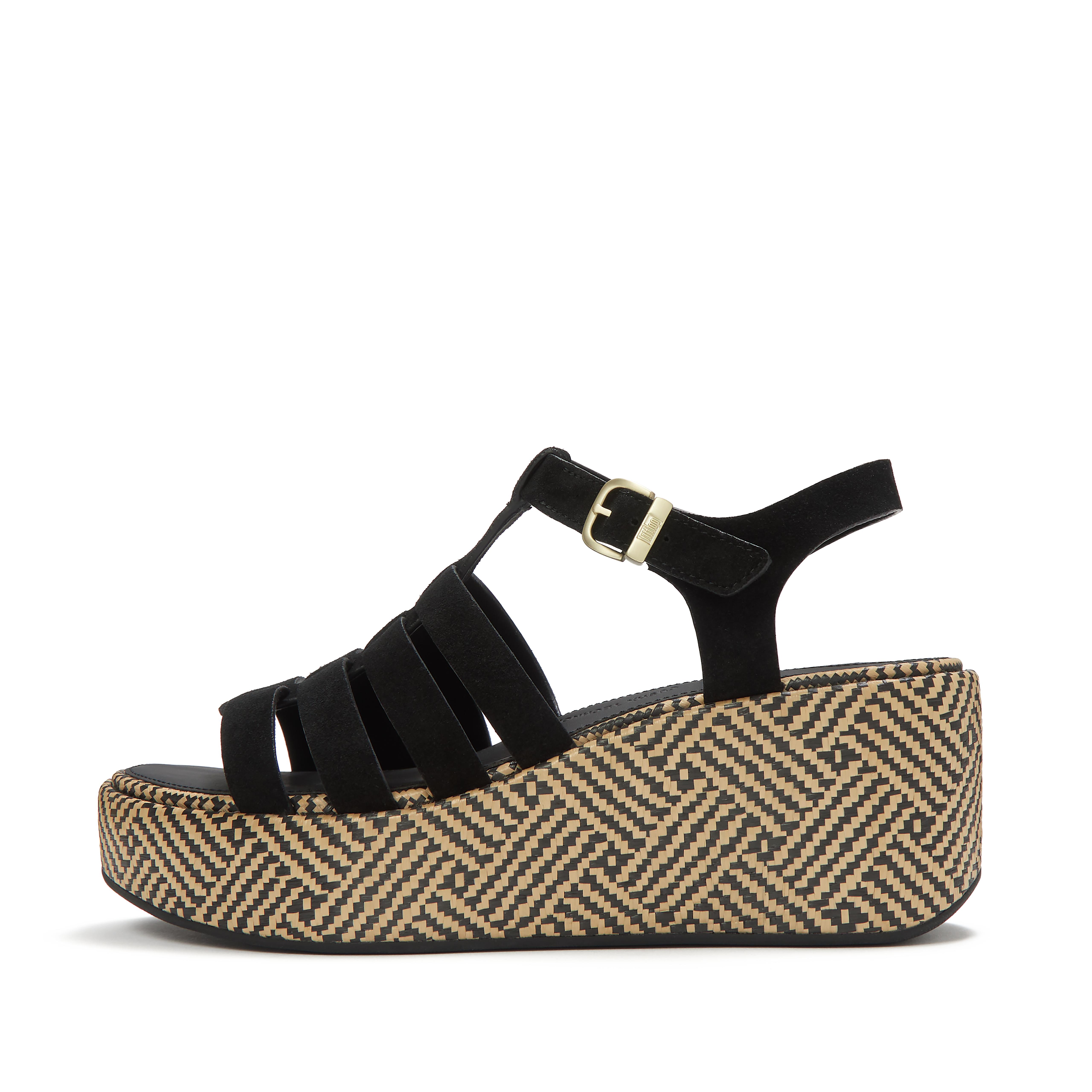 FitFlop PLATFFORMS Graphic-Weave Suede Fisherman Wedge Sandals - Black