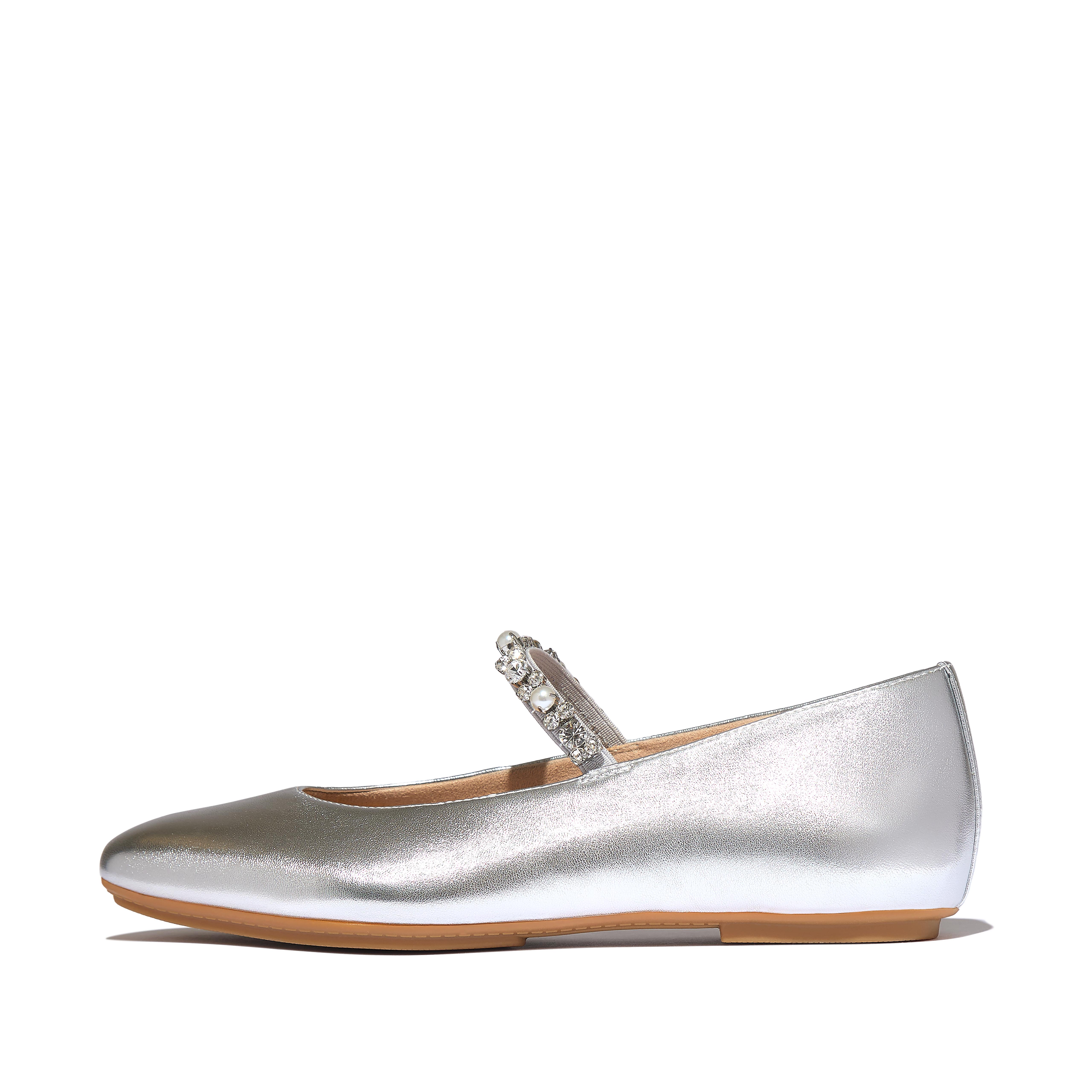 FitFlop DELICATO Pearls-And-Crystal Soft Metallic-Leather Mary Janes - Silver