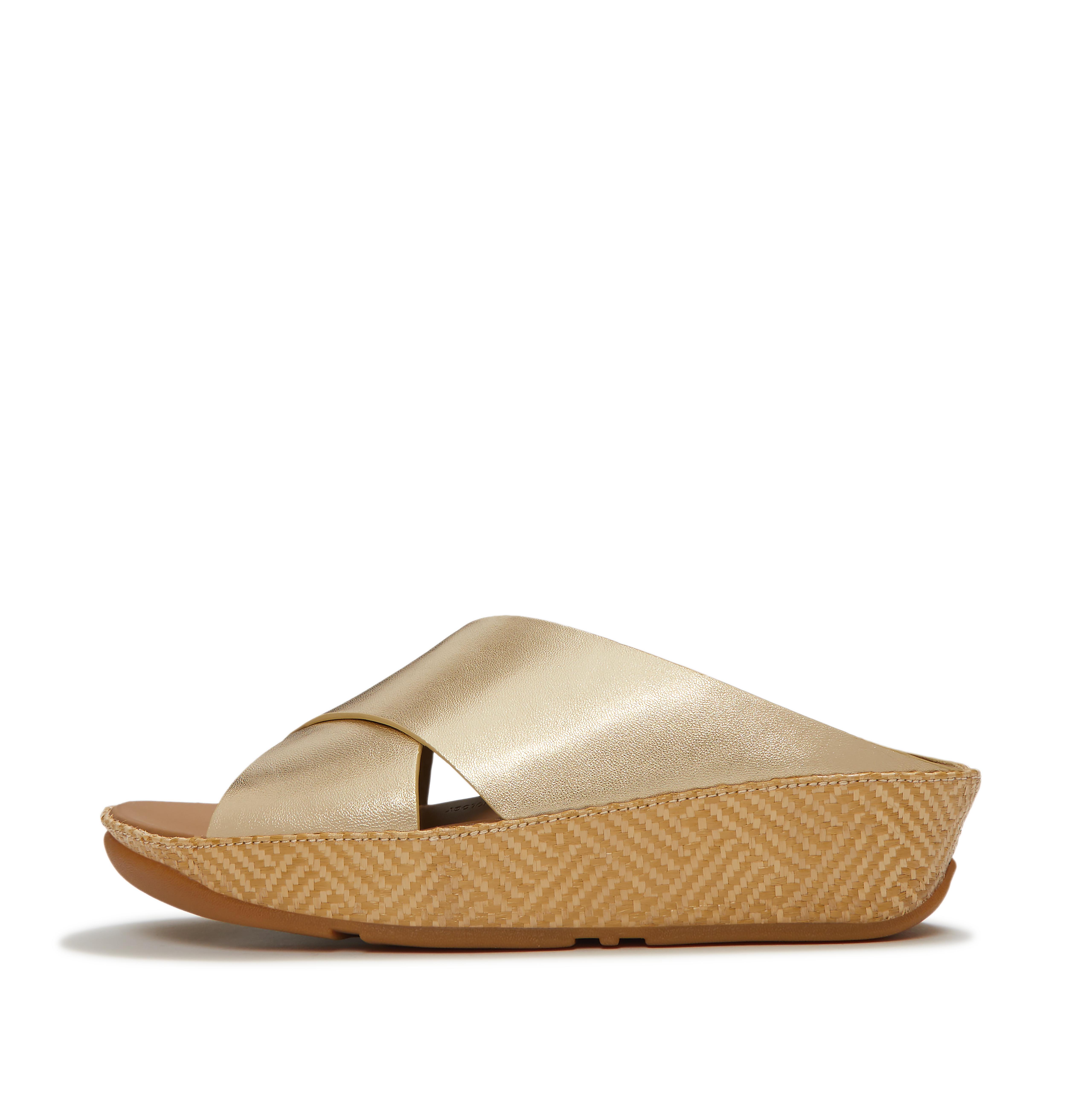 FitFlop LULU Lux Graphic-Weave Metallic-Leather Cross Slides - Platino