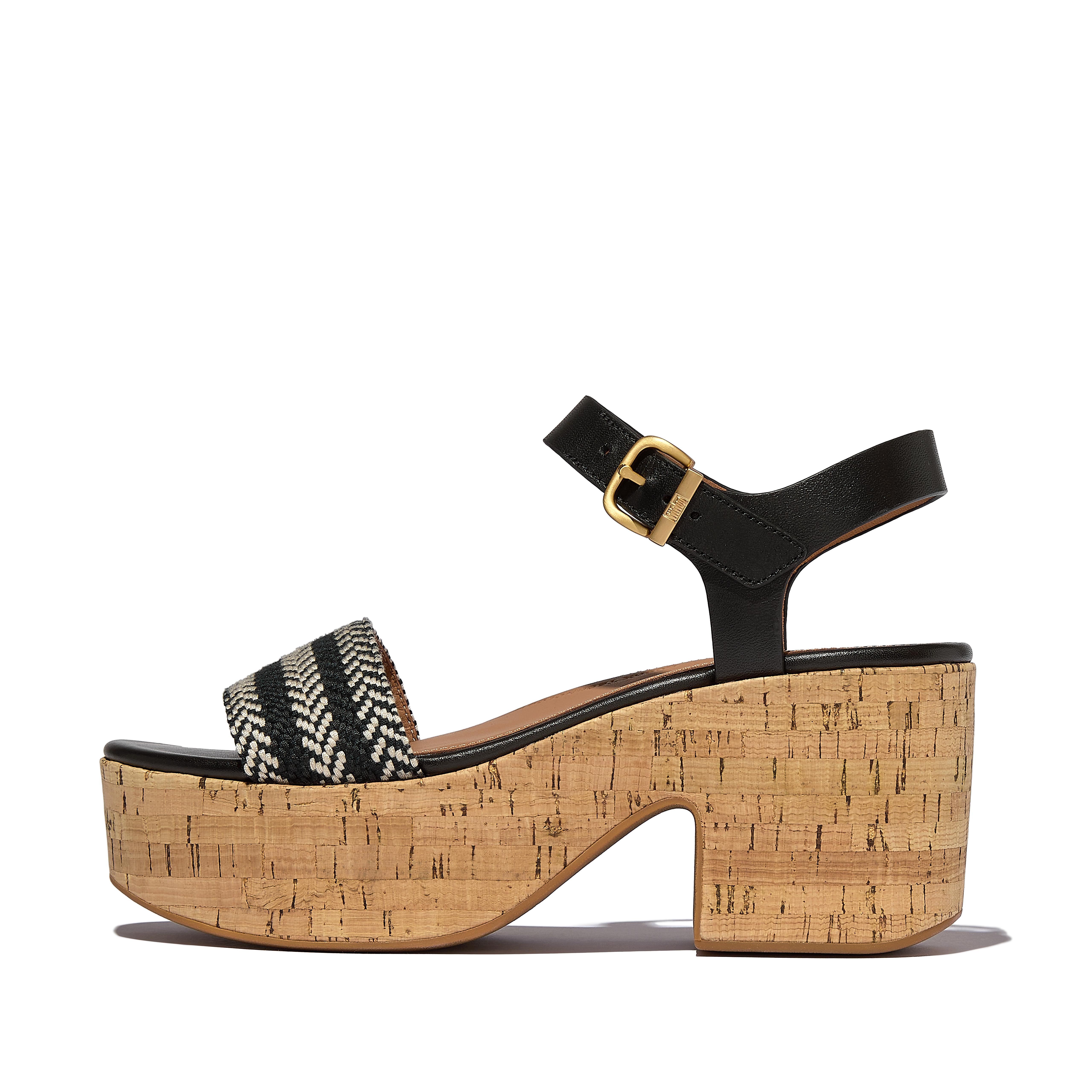 FitFlop PLATFFORMS V-Weave/Cork Heeled Ankle-Strap Sandals - Black