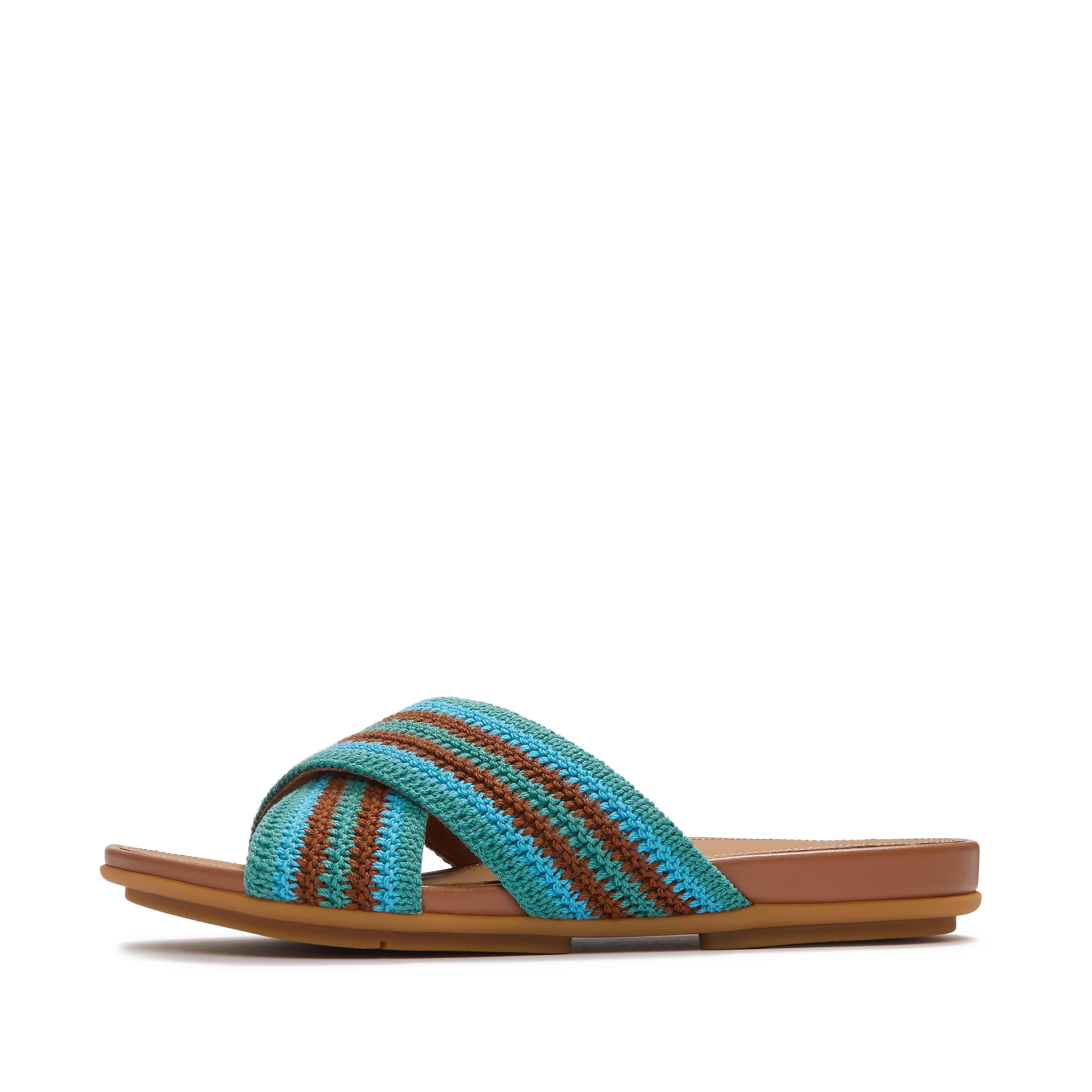 FitFlop GRACIE Stripe-Webbing Cross Slides - Teal Blue Mix