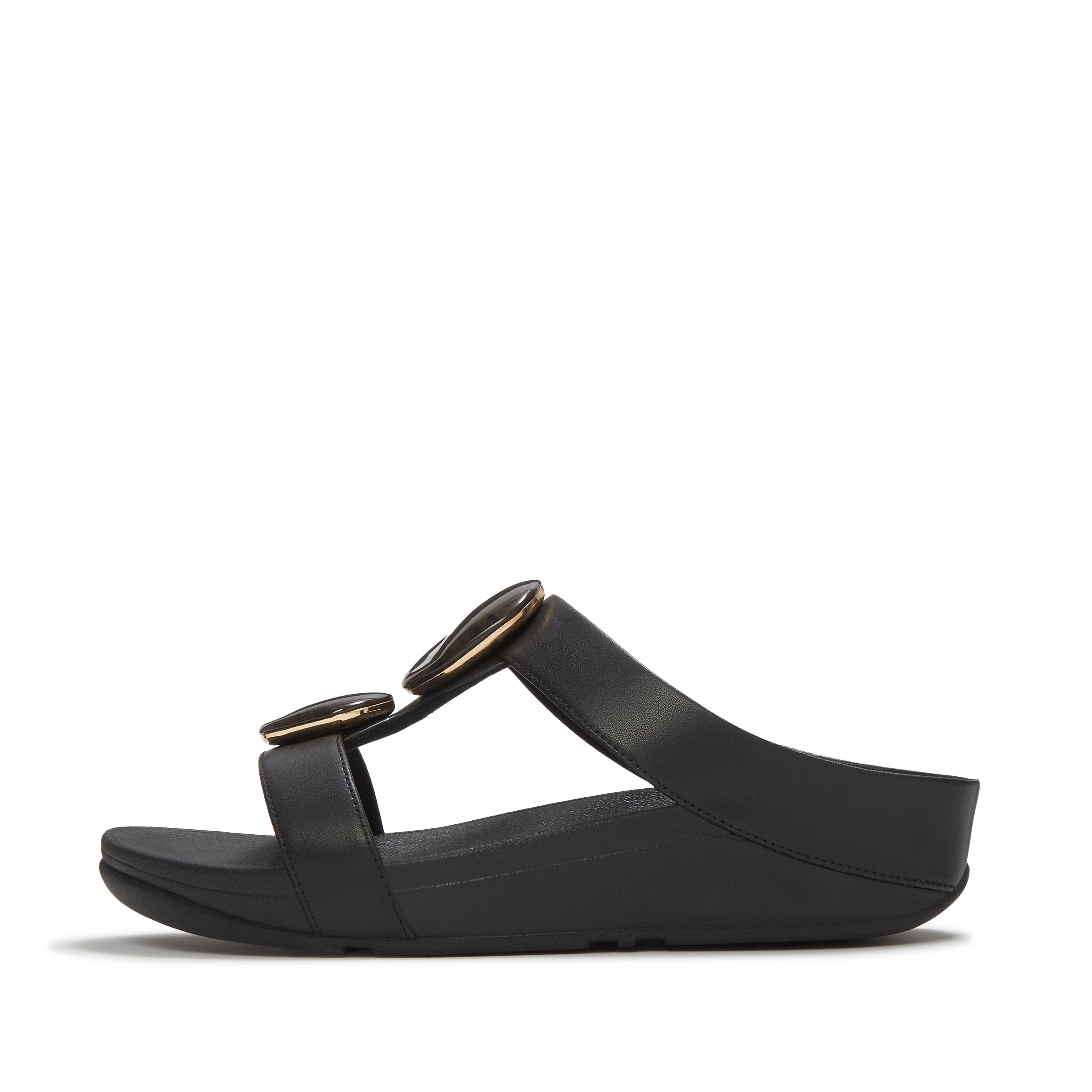 FitFlop FINO Marbled-Stone H-Bar Slides - Black