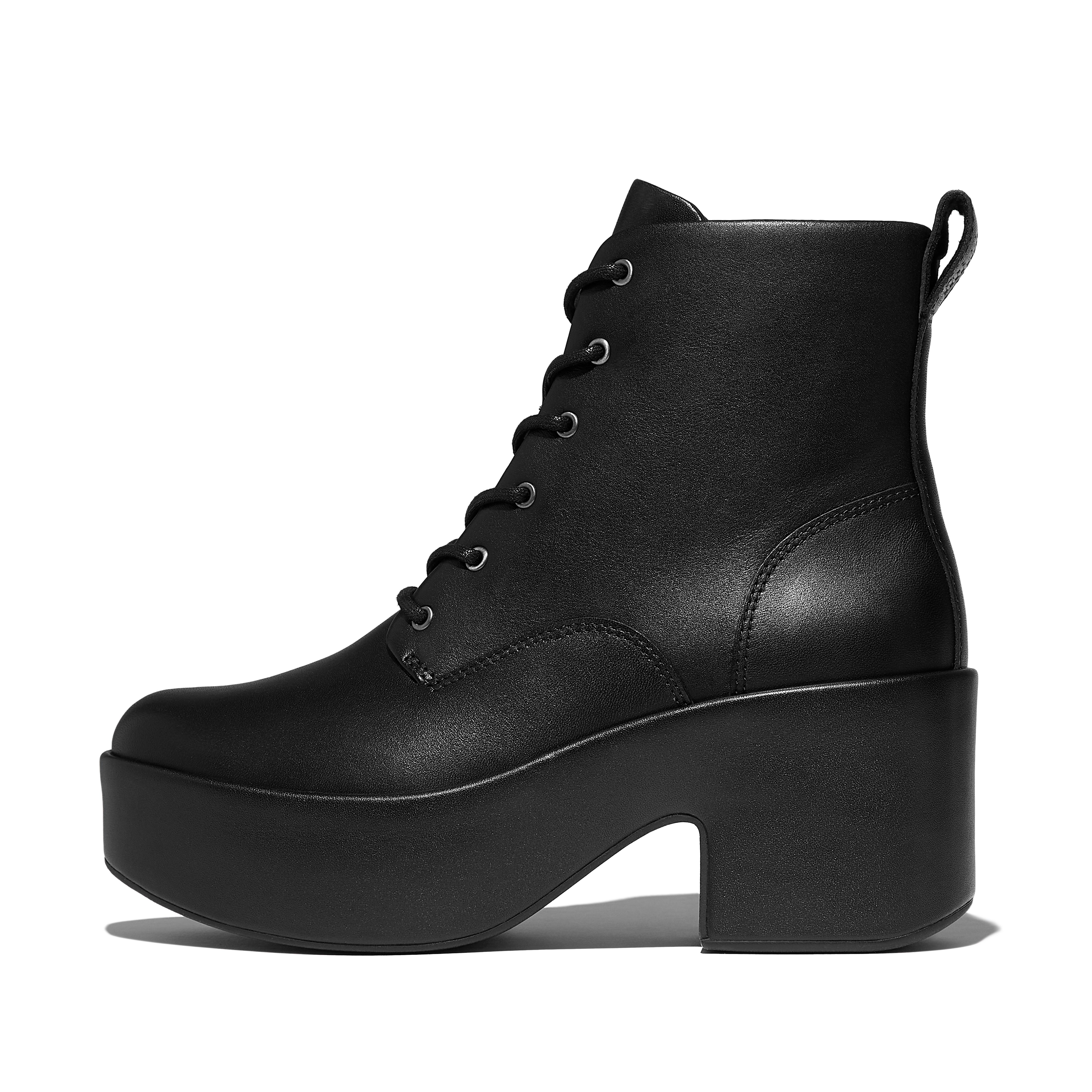 FitFlop PLATFFORMS Leather Heeled Lace-Up Boots - All Black