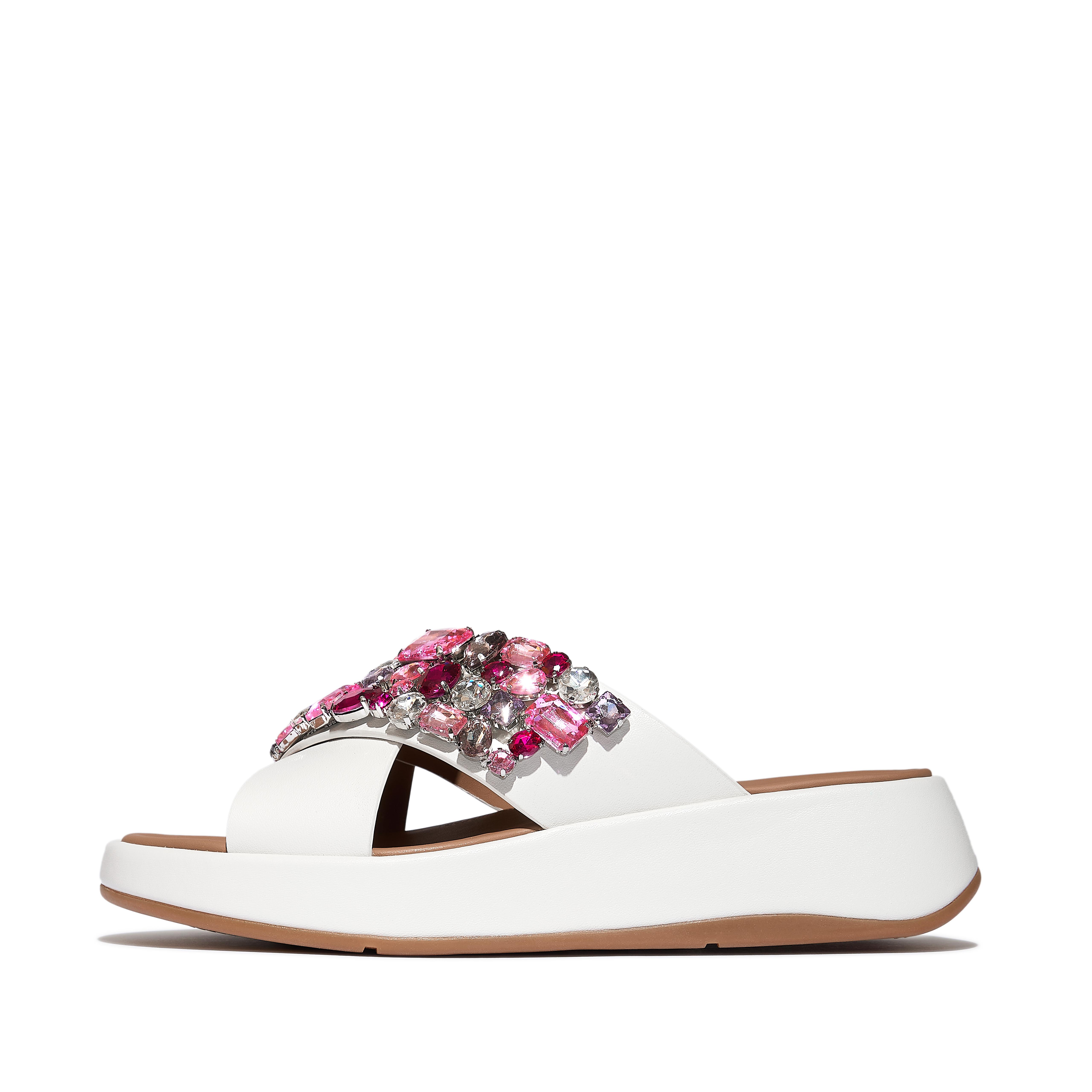 FitFlop F-MODE Jewel-Deluxe Leather Flatform Cross Slides - Wild Raspberry