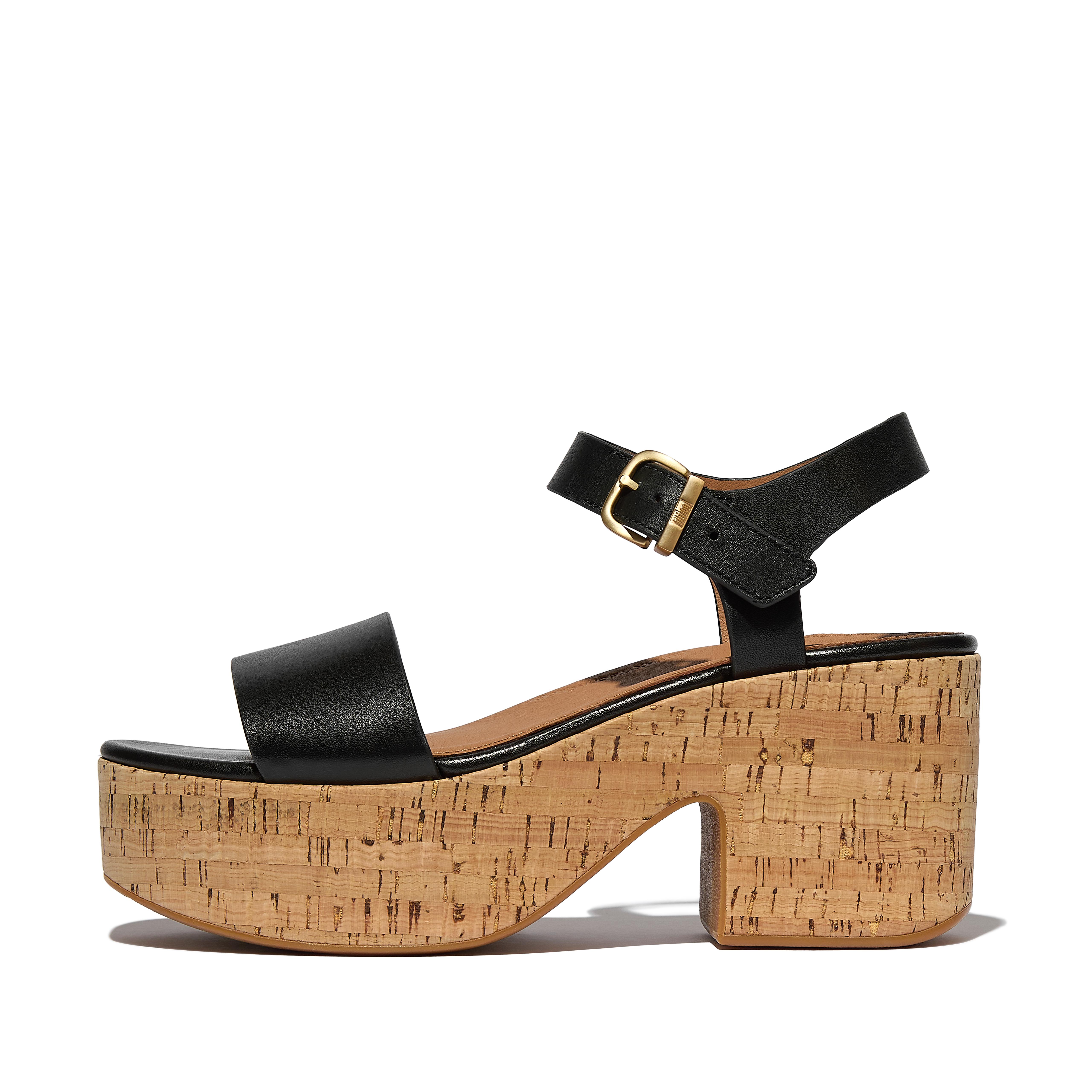 FitFlop PLATFFORMS Leather/Cork Heeled Ankle-Strap Sandals - Black