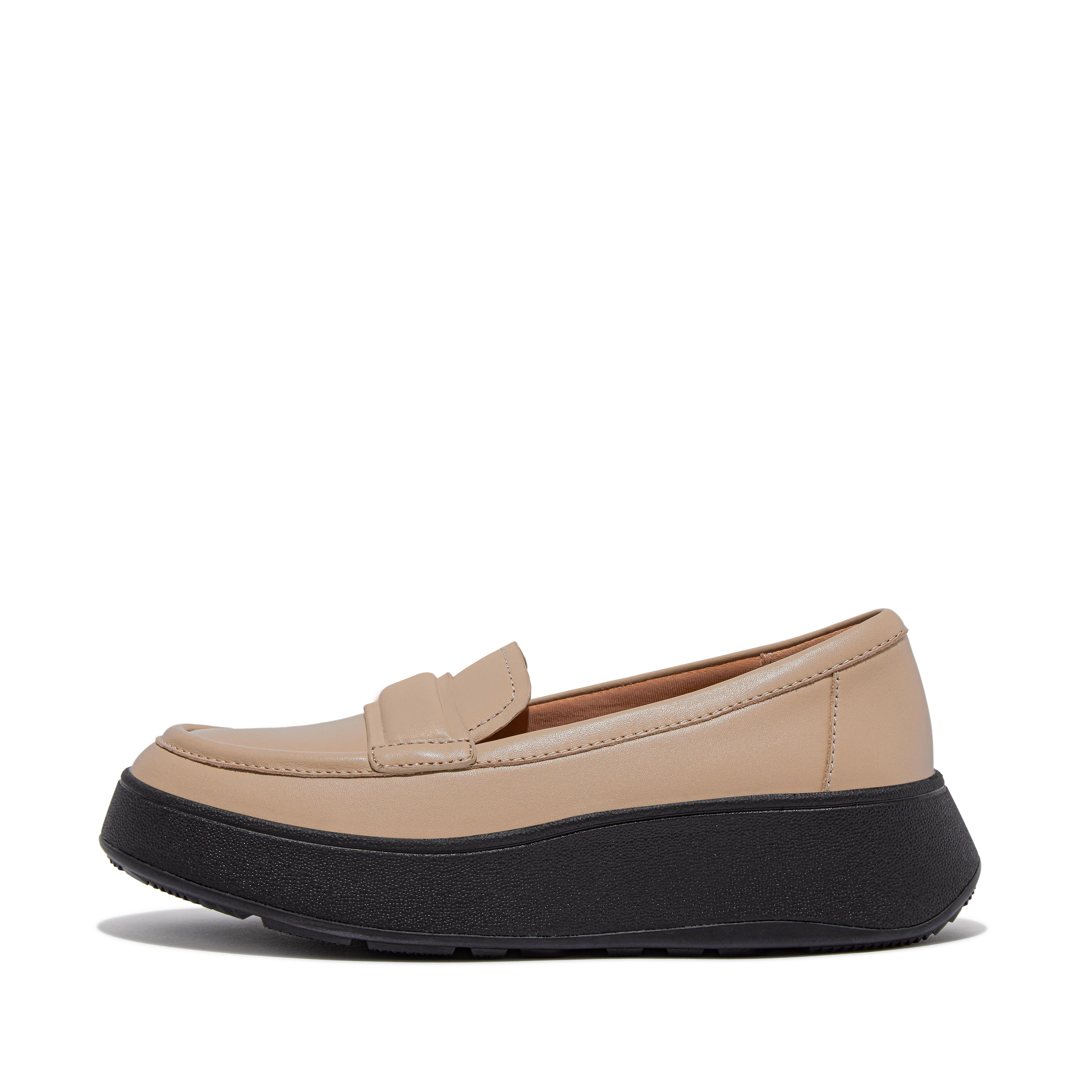 FitFlop F-MODE Padded-Detail Leather Flatform Loafers - Latte Beige/Black