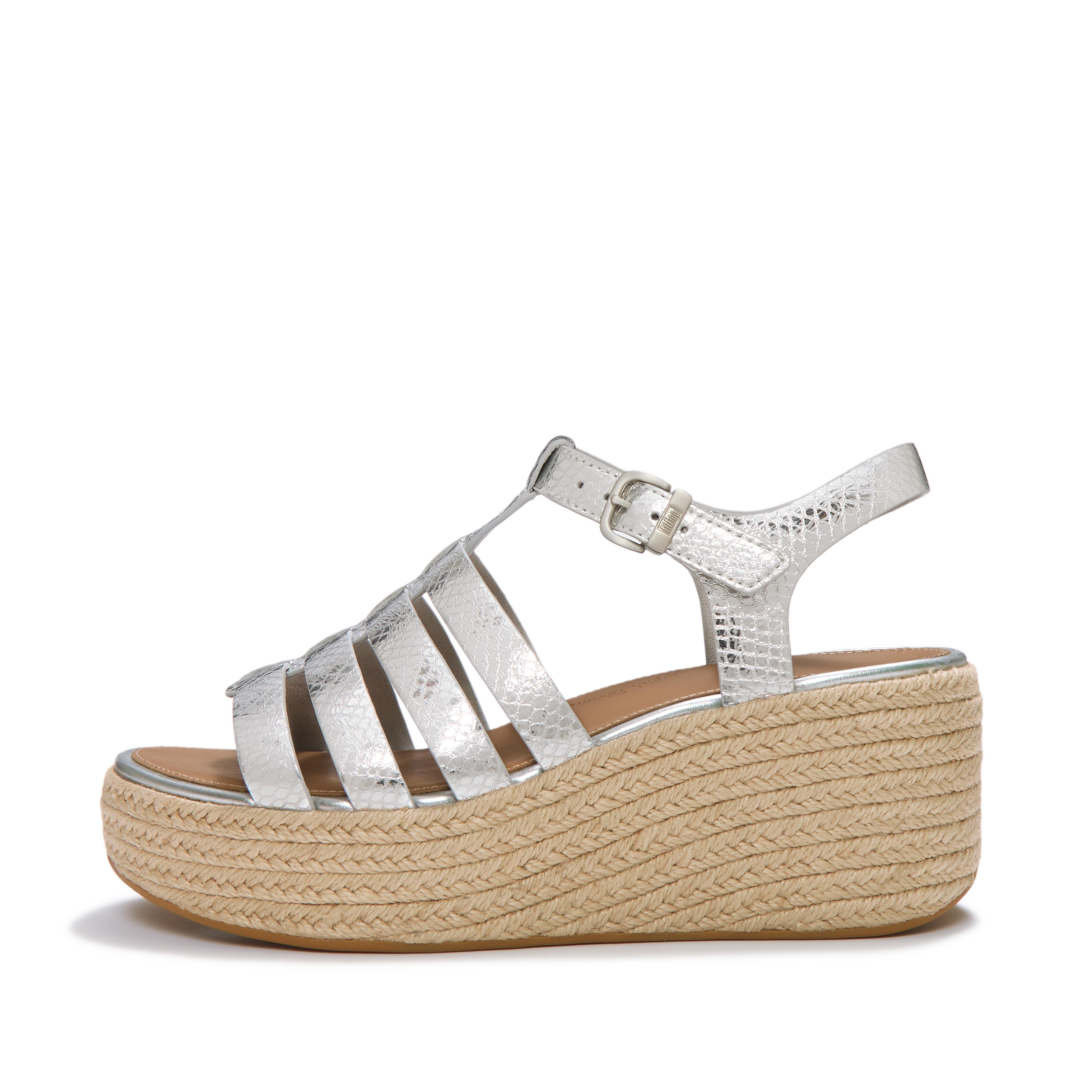 FitFlop PLATFFORMS Leather Espadrille Wedge Sandals - Silver