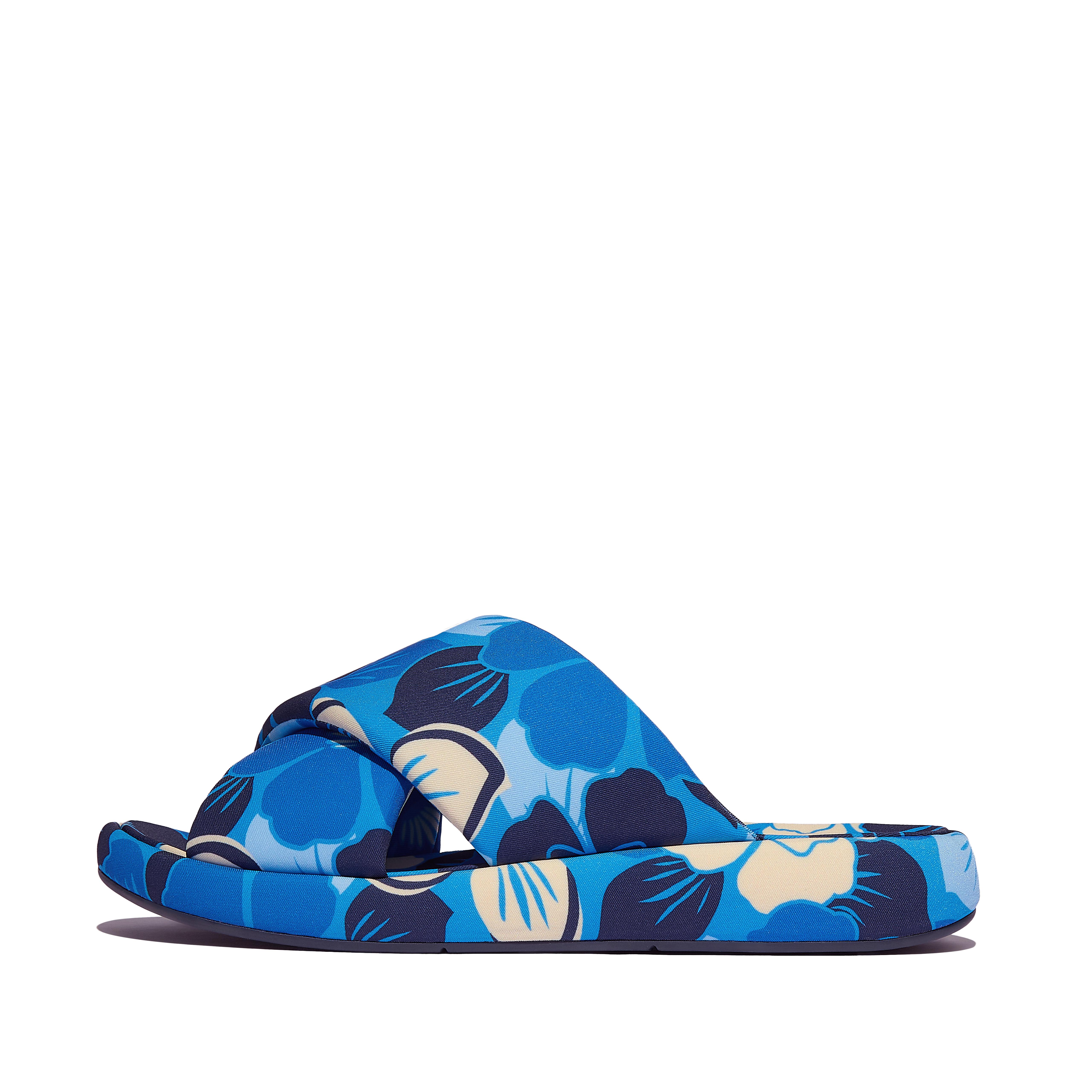 FitFlop IQUSHION D-Luxe Padded Flowerz Cross Slides - Bondi Blue Mix