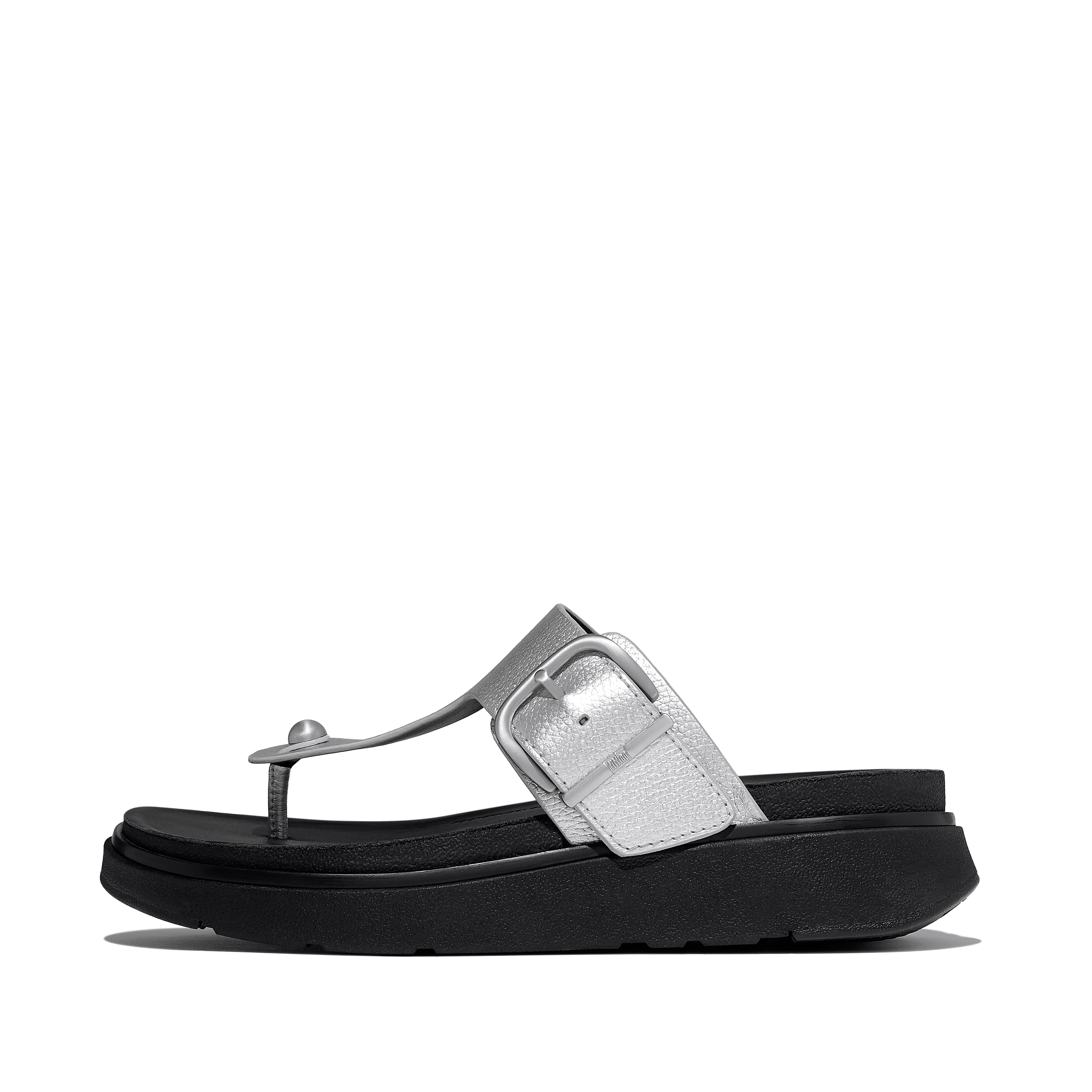 FitFlop GEN-FF Buckle Metallic Tumbled-Leather Toe-Post Sandals - Silver