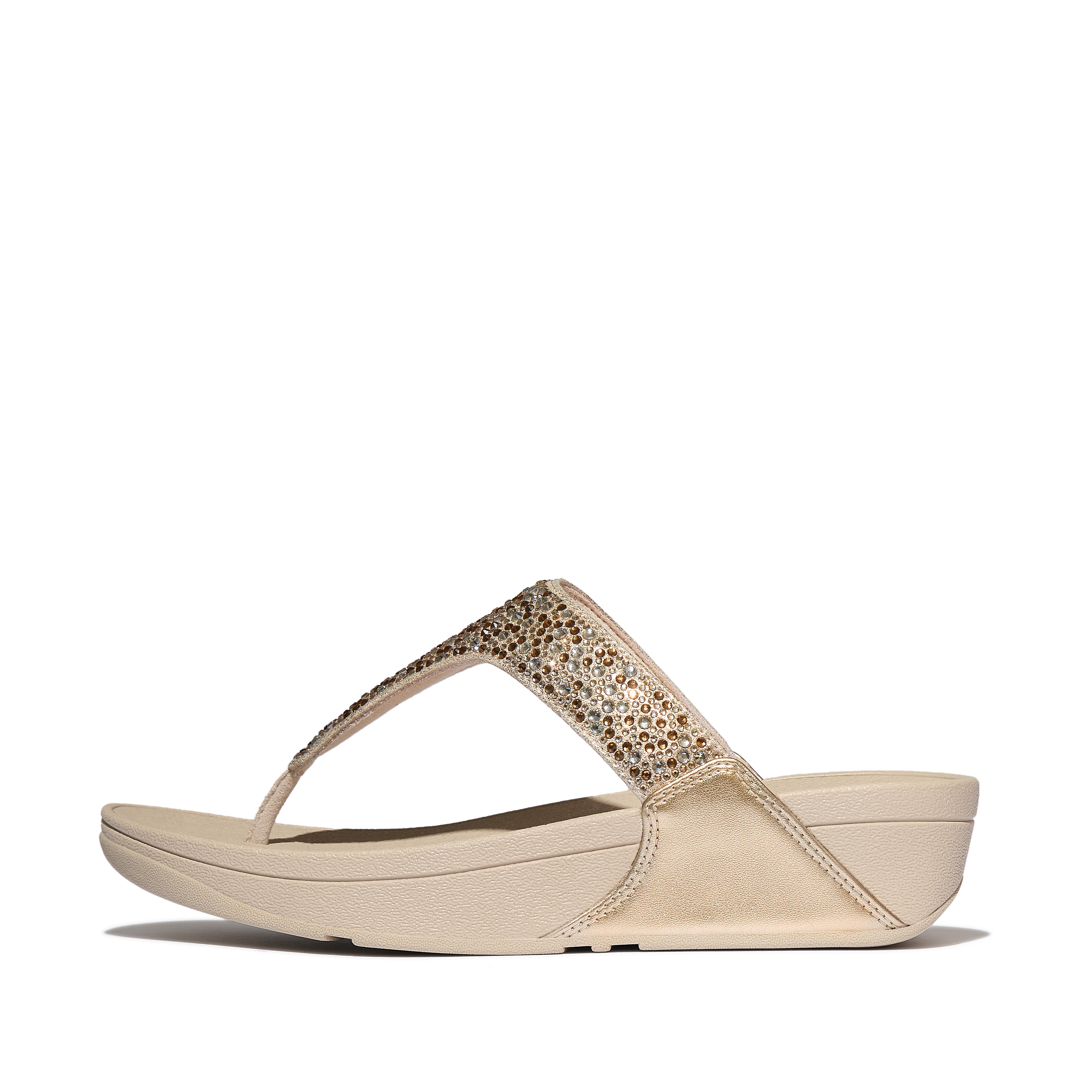 FitFlop LULU Crystal-Mix Metallic Toe-Post Sandals - Platino