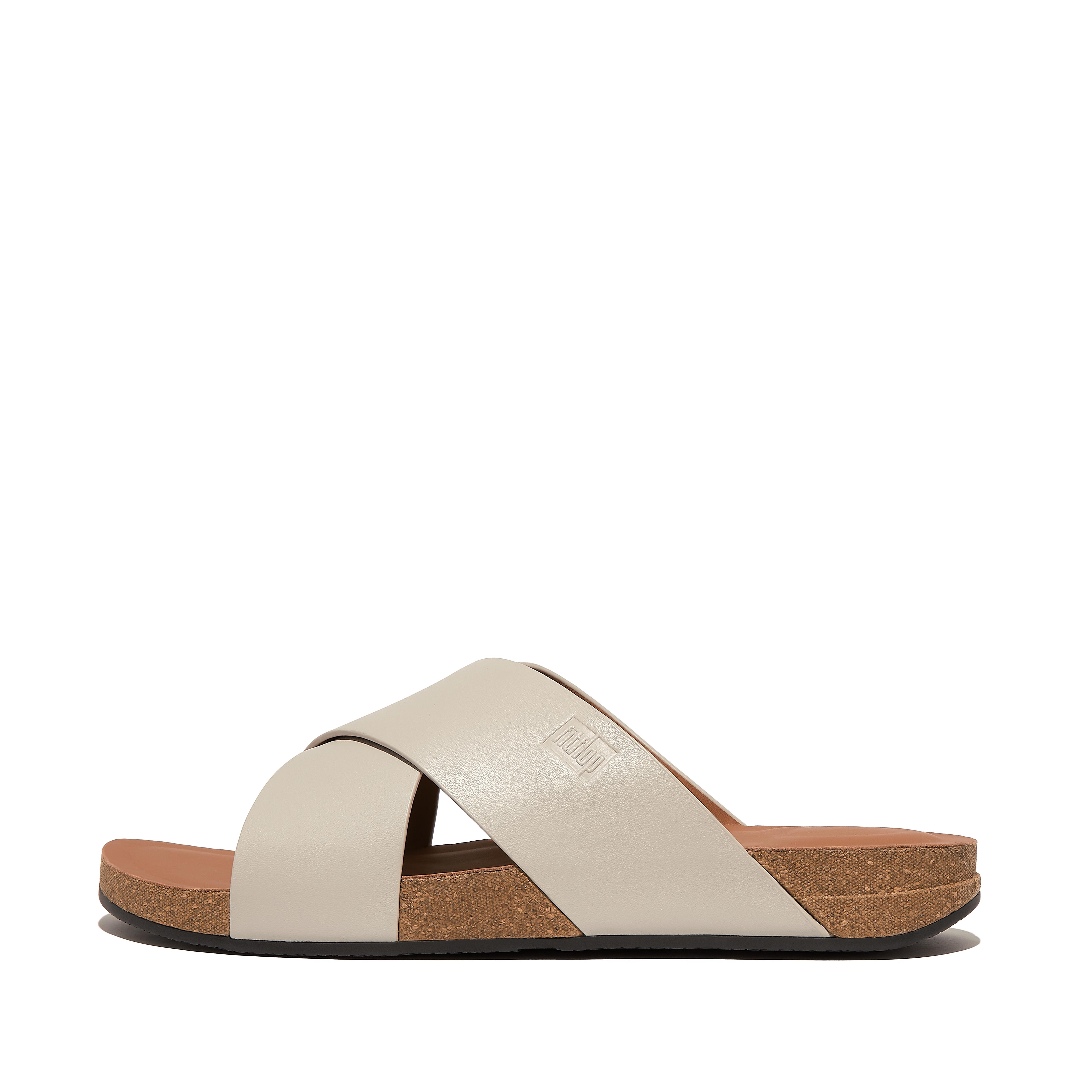 FitFlop IQUSHION Mens Leather Cross Slides - Clay Grey