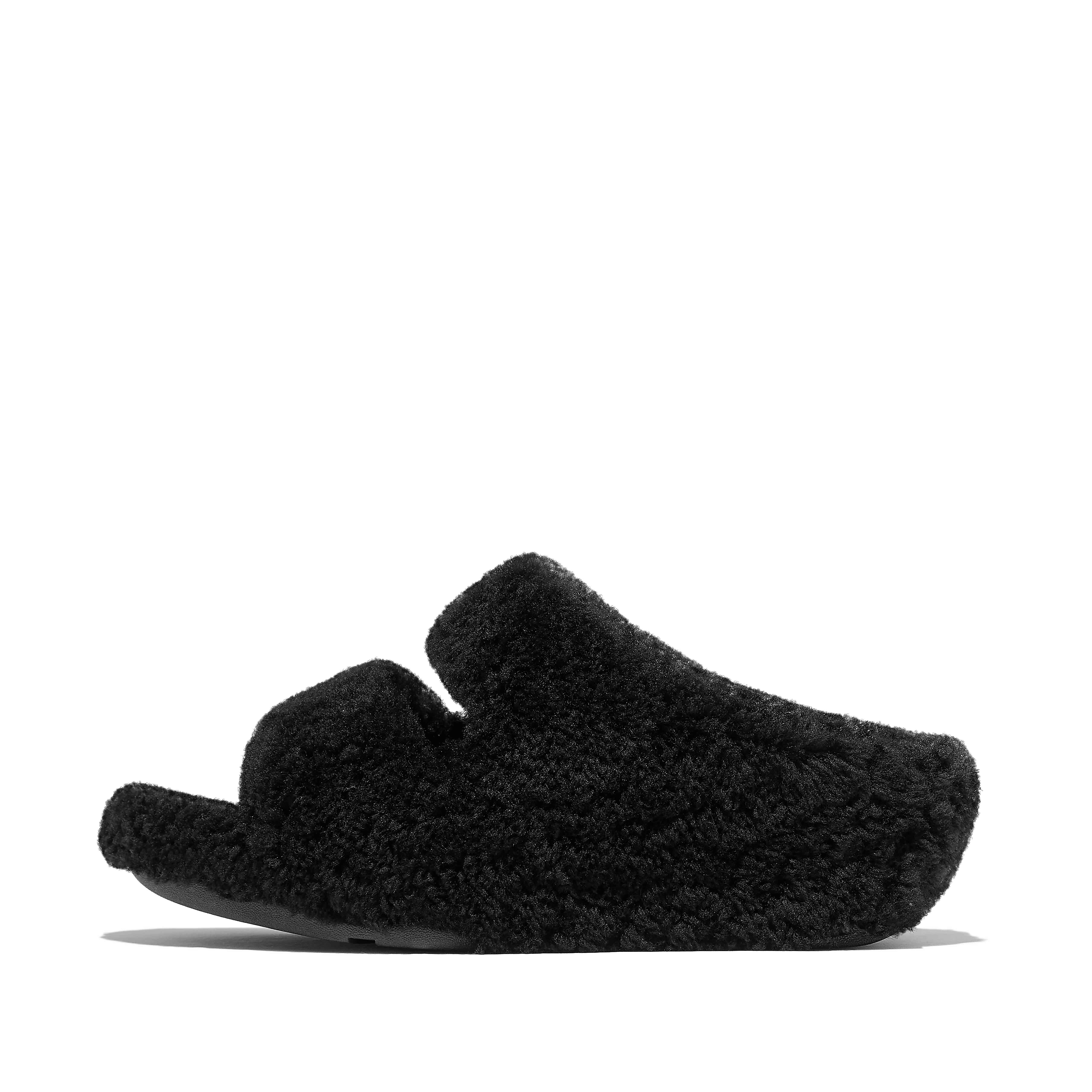FitFlop SHUV Curly-Shearling Two-Bar Slides - All Black