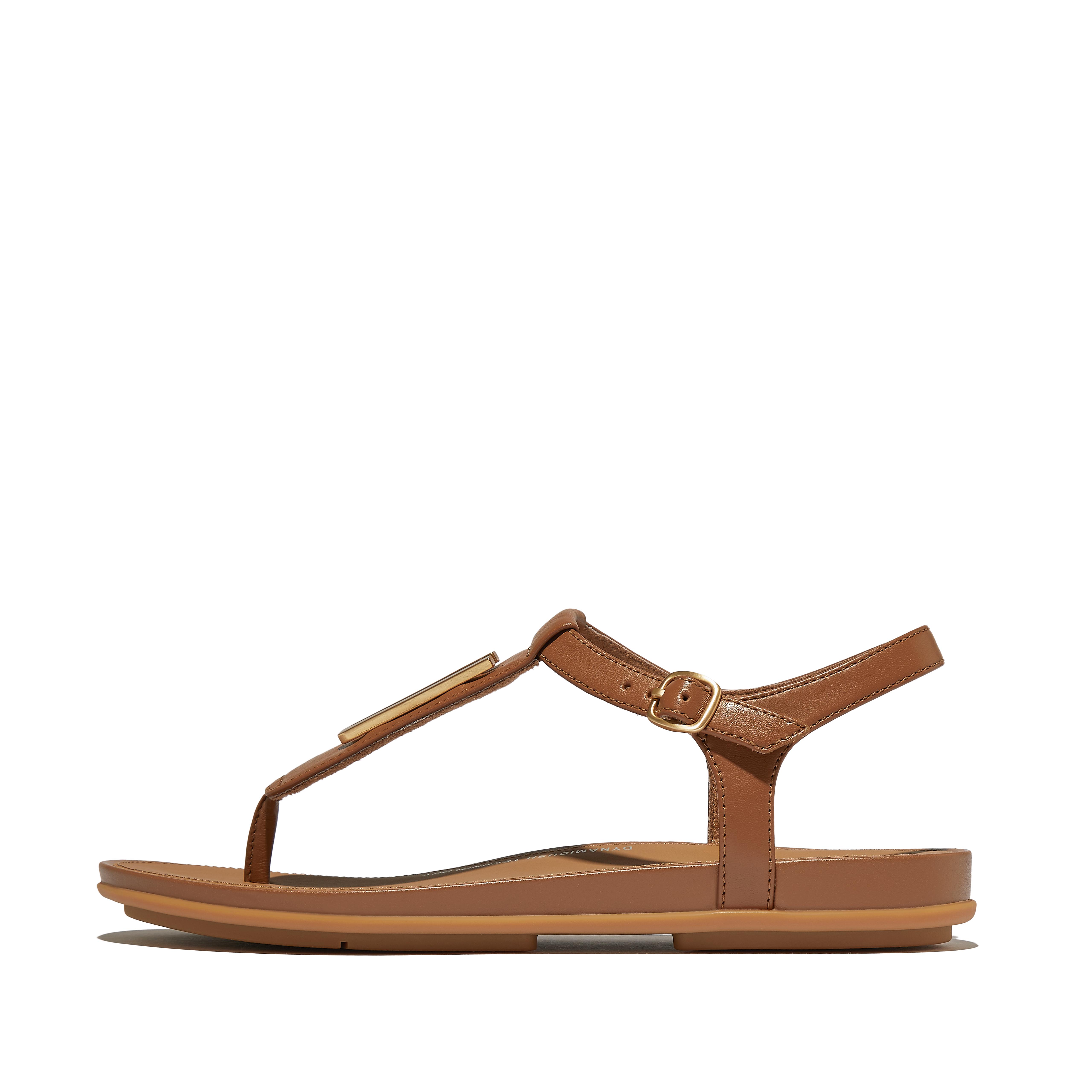 FitFlop GRACIE Gold-Trim Leather T-Bar Sandals - Deep tan