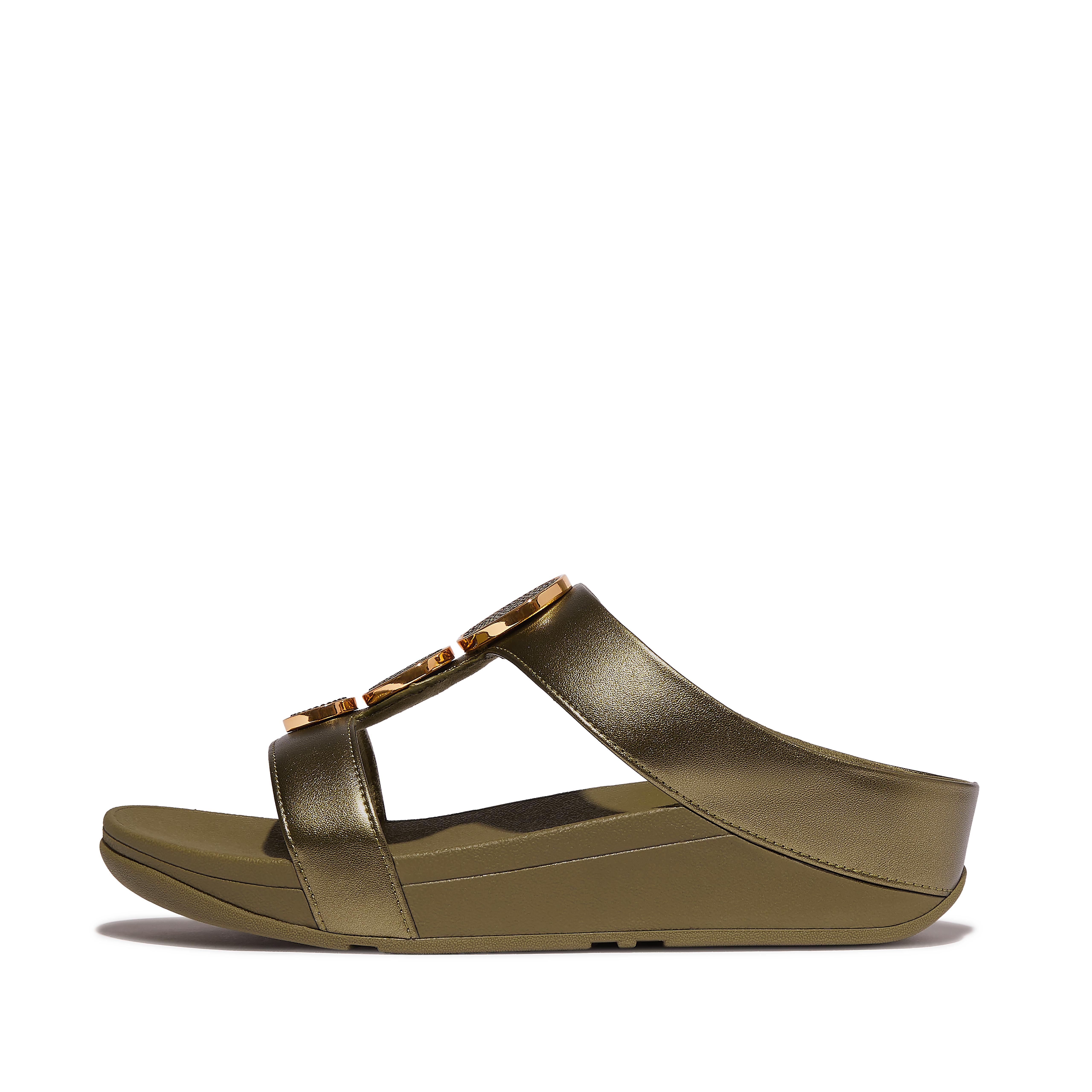 FitFlop HALO Bead-Circle Metallic H-Bar Slides - Camo Green
