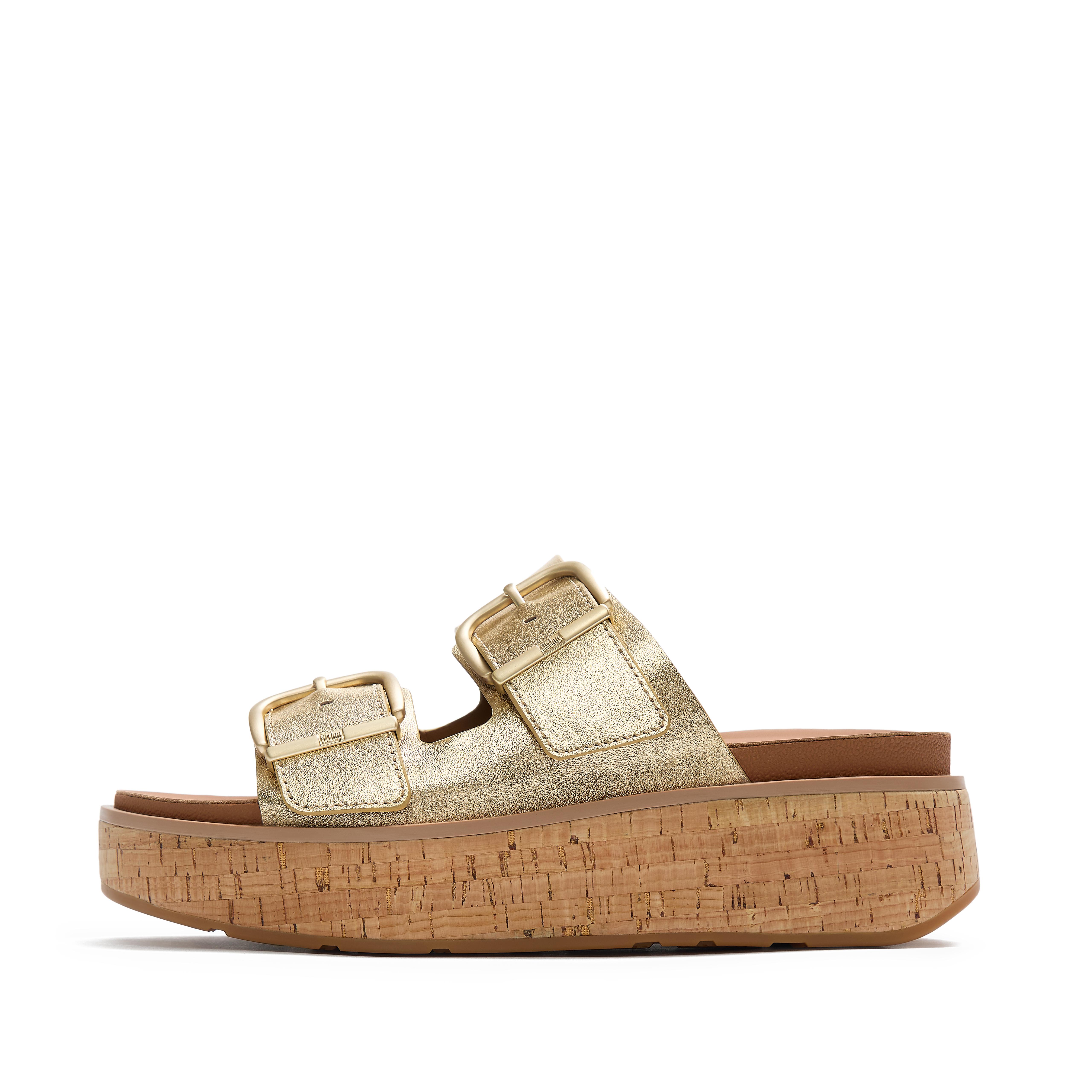 FitFlop GEN-FF Max Buckle Metallic-Leather/Cork Two-Bar Slides - Platino