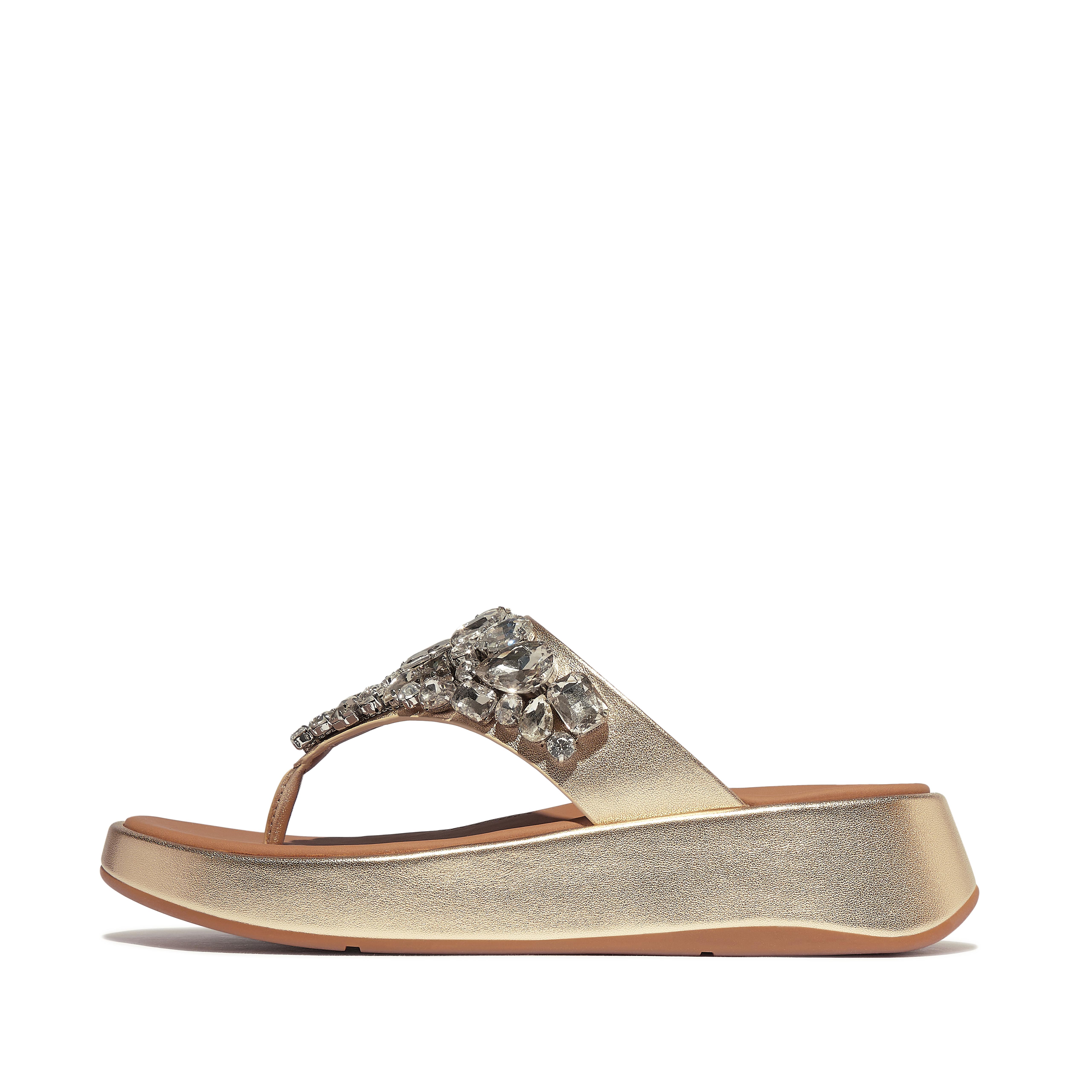 FitFlop F-MODE Jewel-Deluxe Metallic-Leather Flatform Toe-Post Sandals - Platino