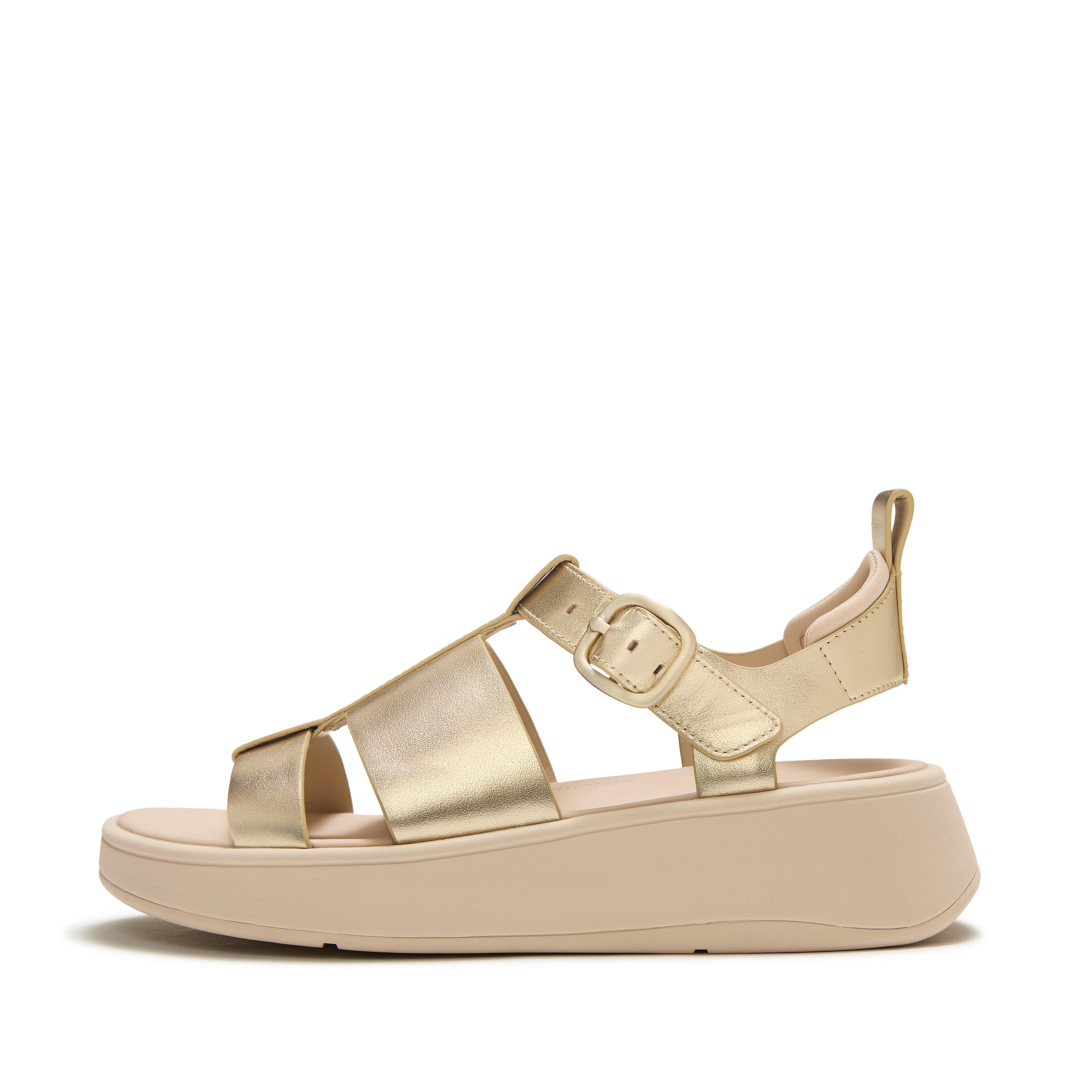 FitFlop F-MODE Metallic Leather Flatform Fisherman Sandals - Platino