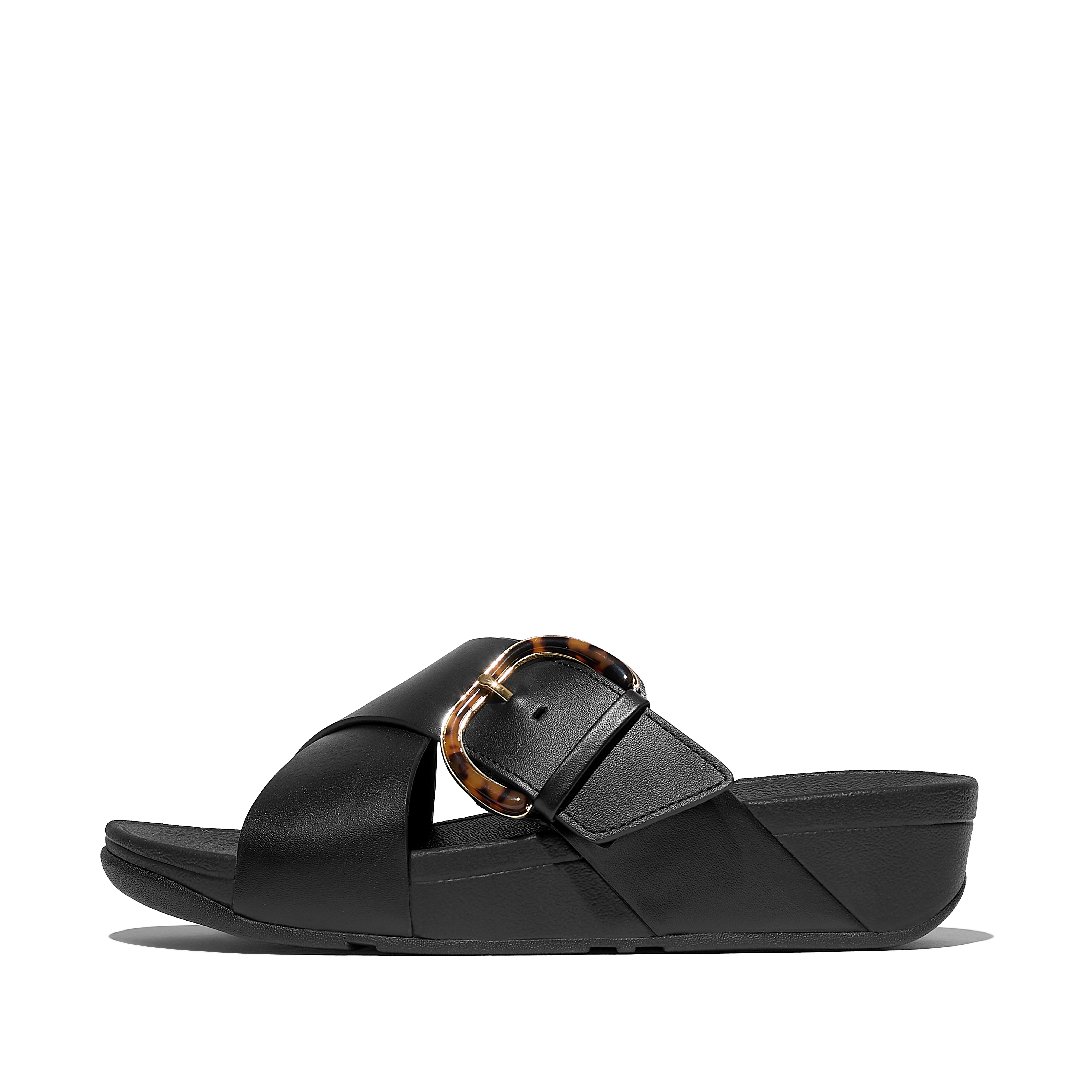 FitFlop LULU Resin-Buckle Leather Cross Slides - All Black
