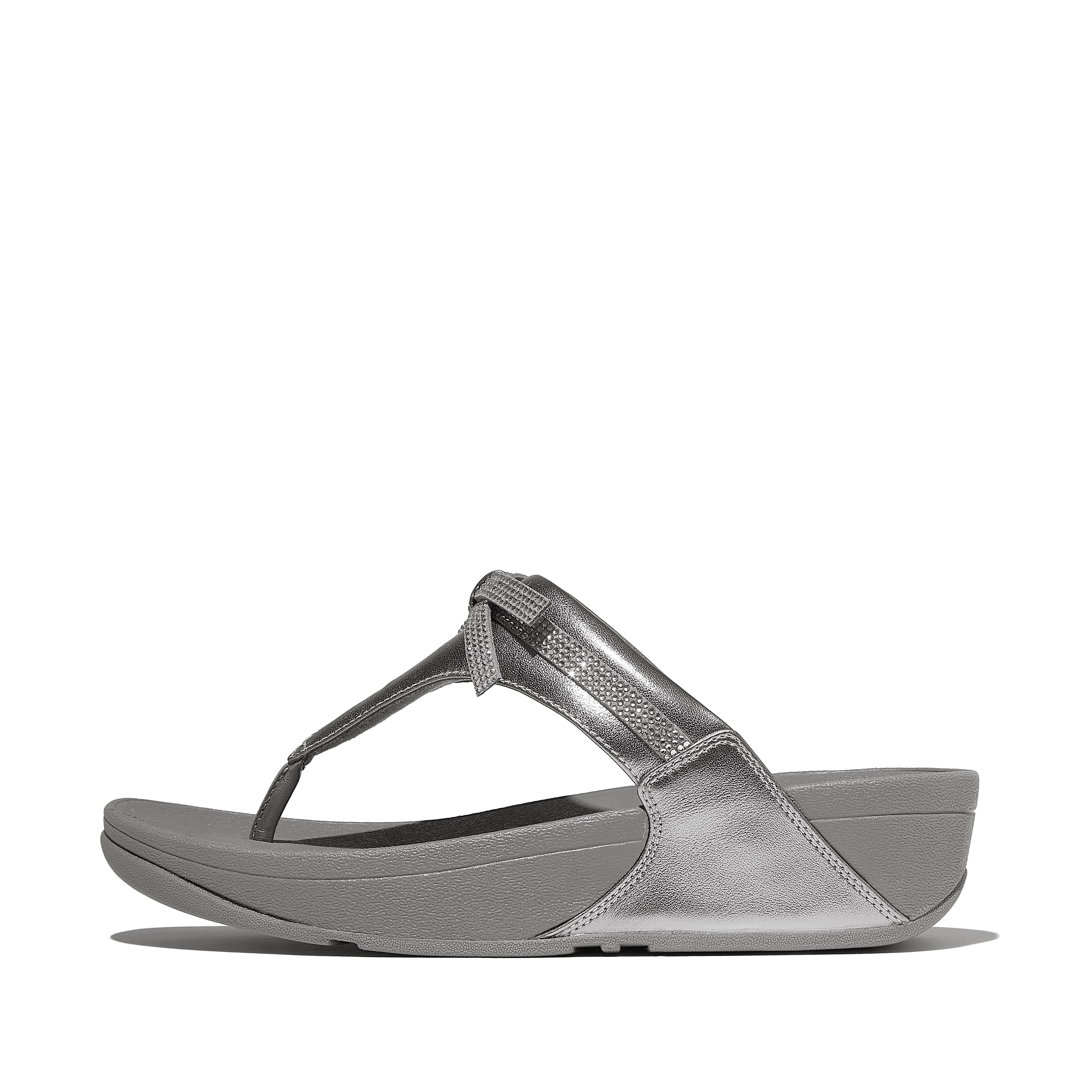 FitFlop LULU Glitz-Bow Metallic-Leather Toe-Post Sandals - Silver