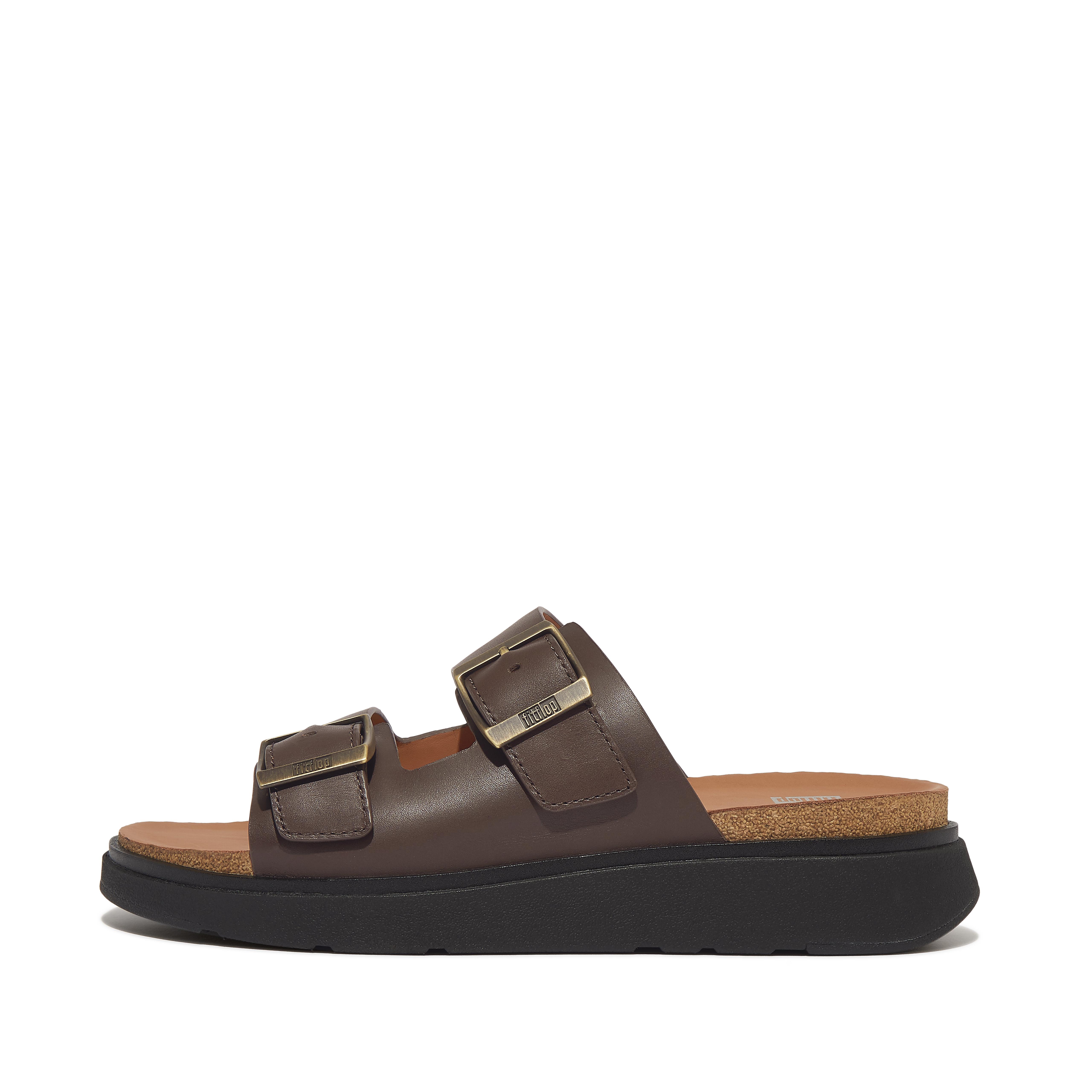 FitFlop GEN-FF Mens Buckle Two-Bar Leather Slides - Brown Mix