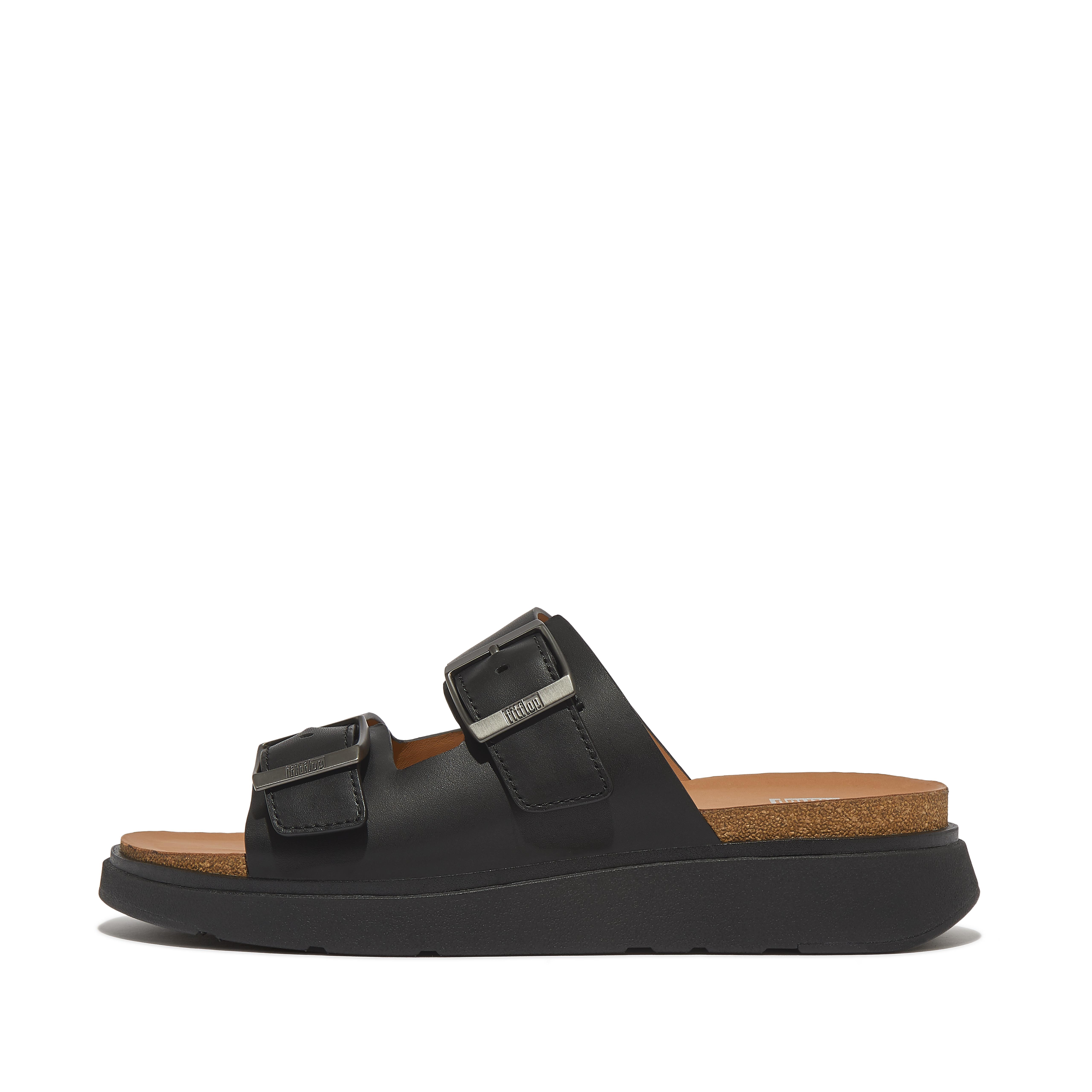 FitFlop GEN-FF Mens Buckle Two-Bar Leather Slides - Black
