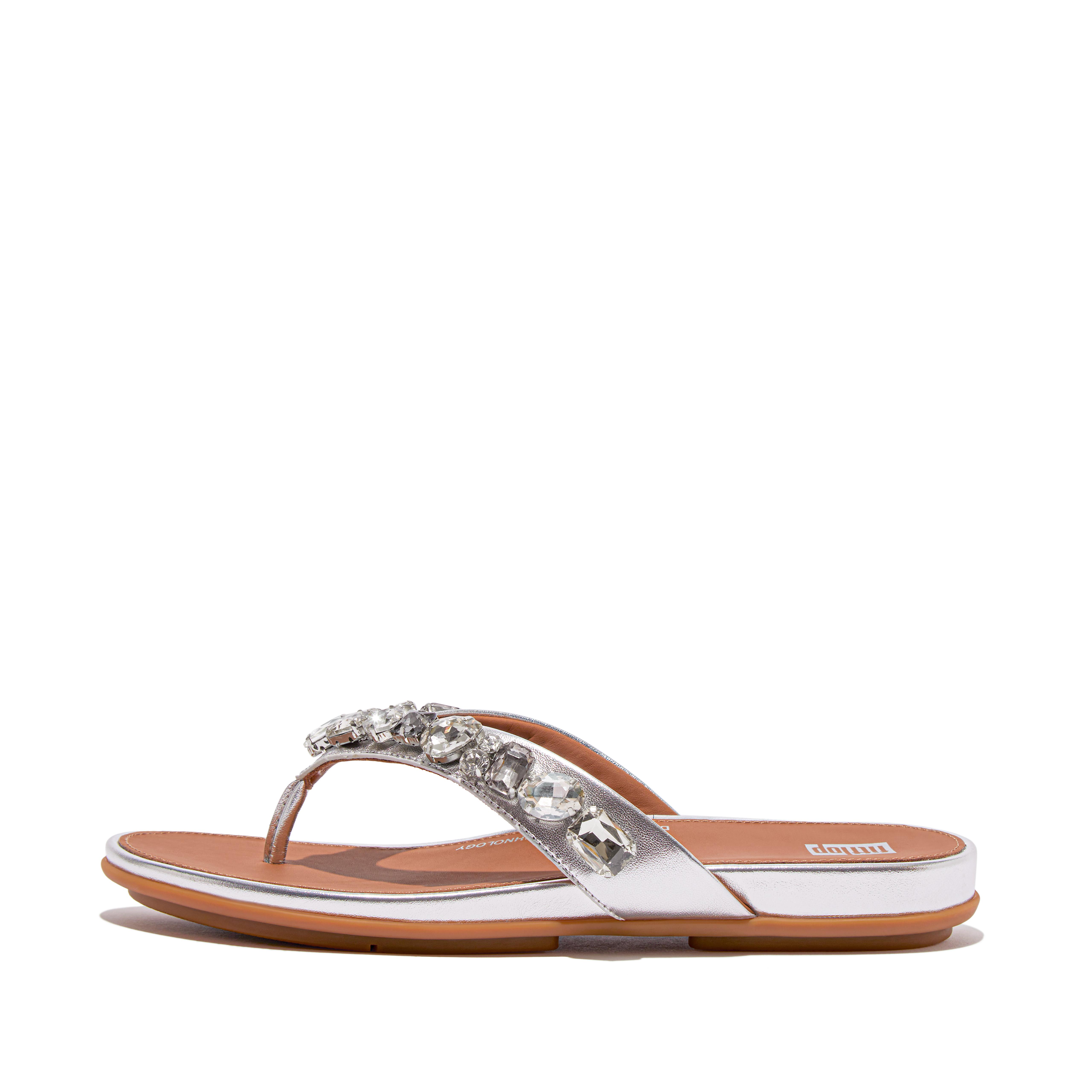 FitFlop GRACIE Jewel-Deluxe Metallic-Leather Flip-Flops - Silver