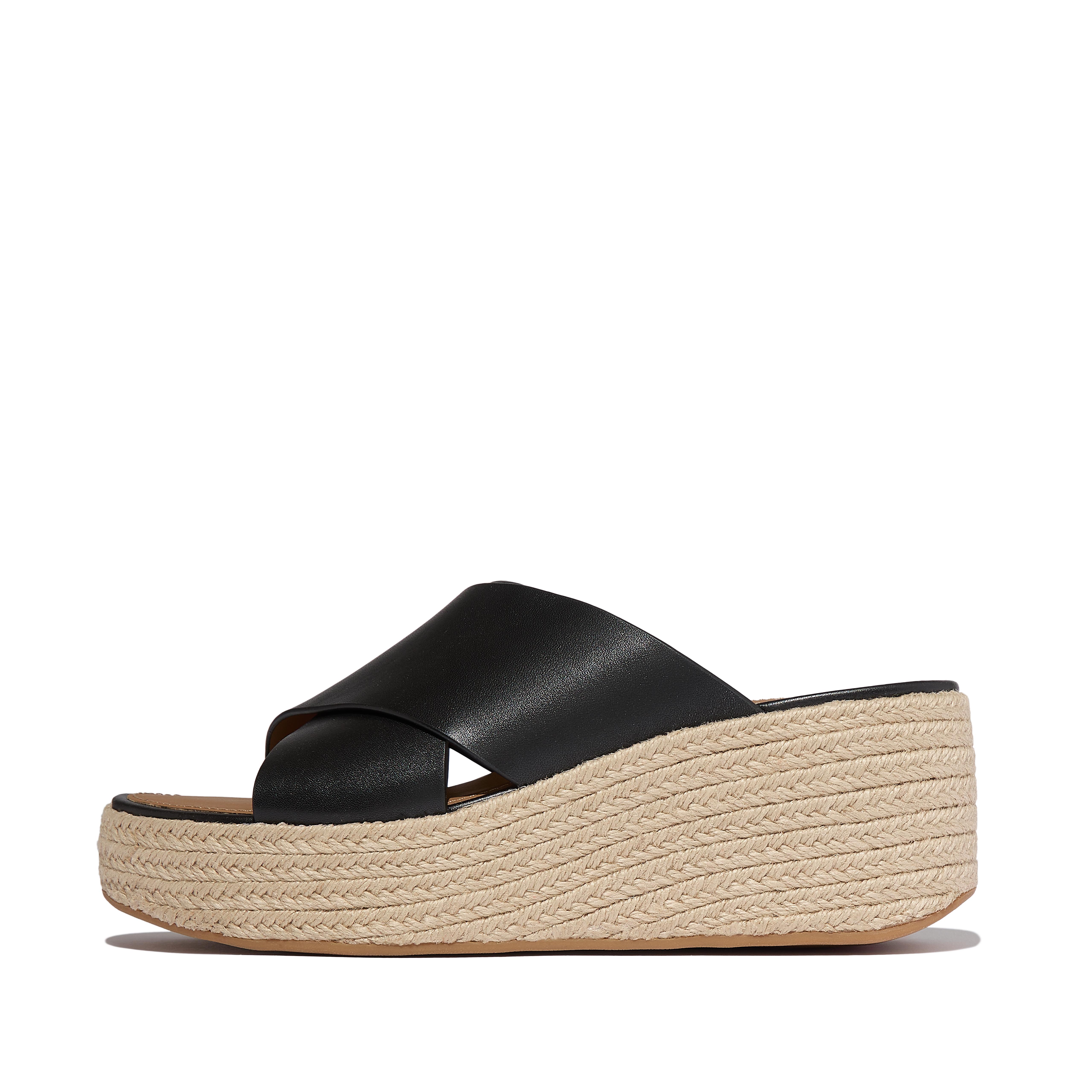 FitFlop PLATFFORMS Espadrille Leather Wedge Cross Slides - Black