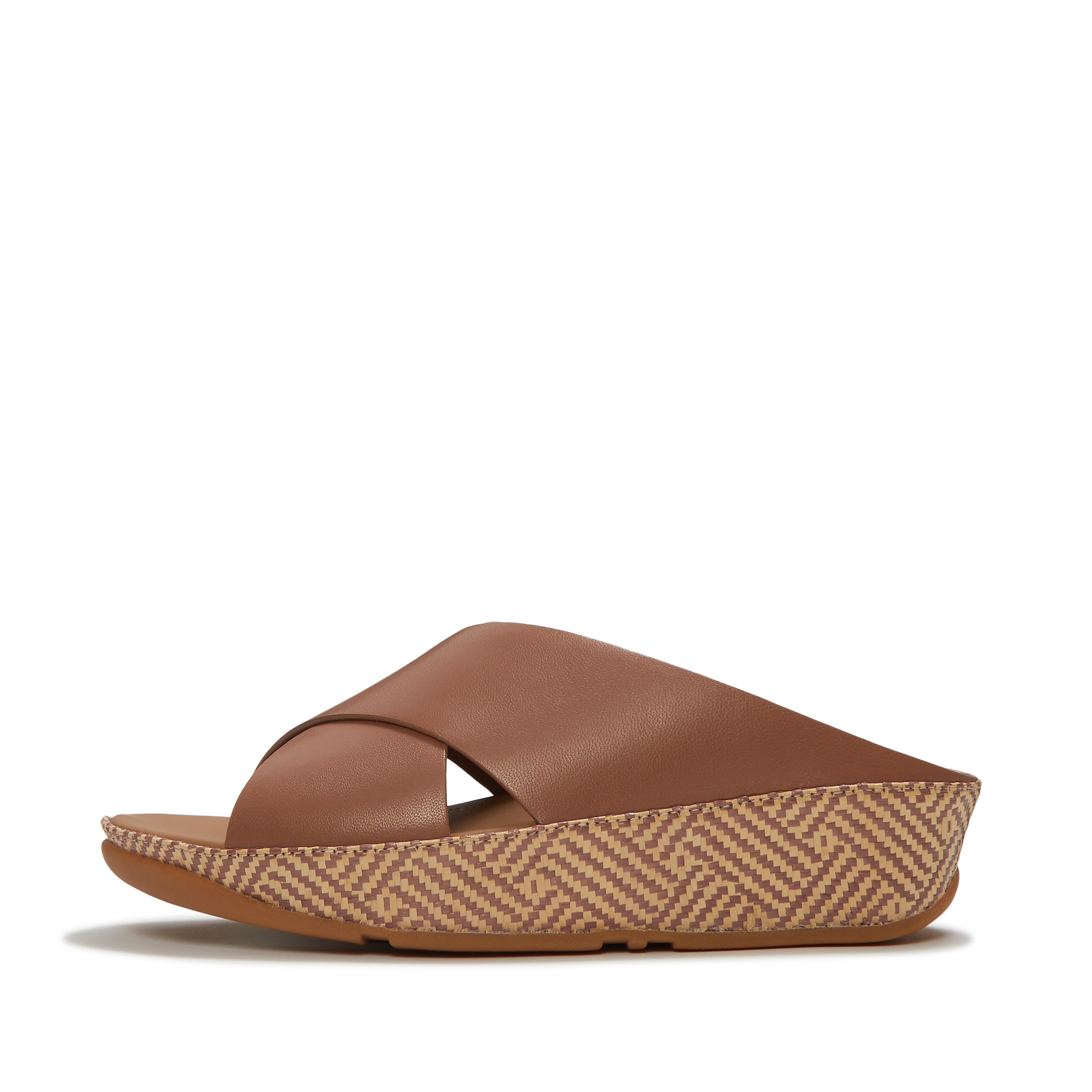 FitFlop LULU Lux Graphic-Weave Leather Cross Slides - Deep tan