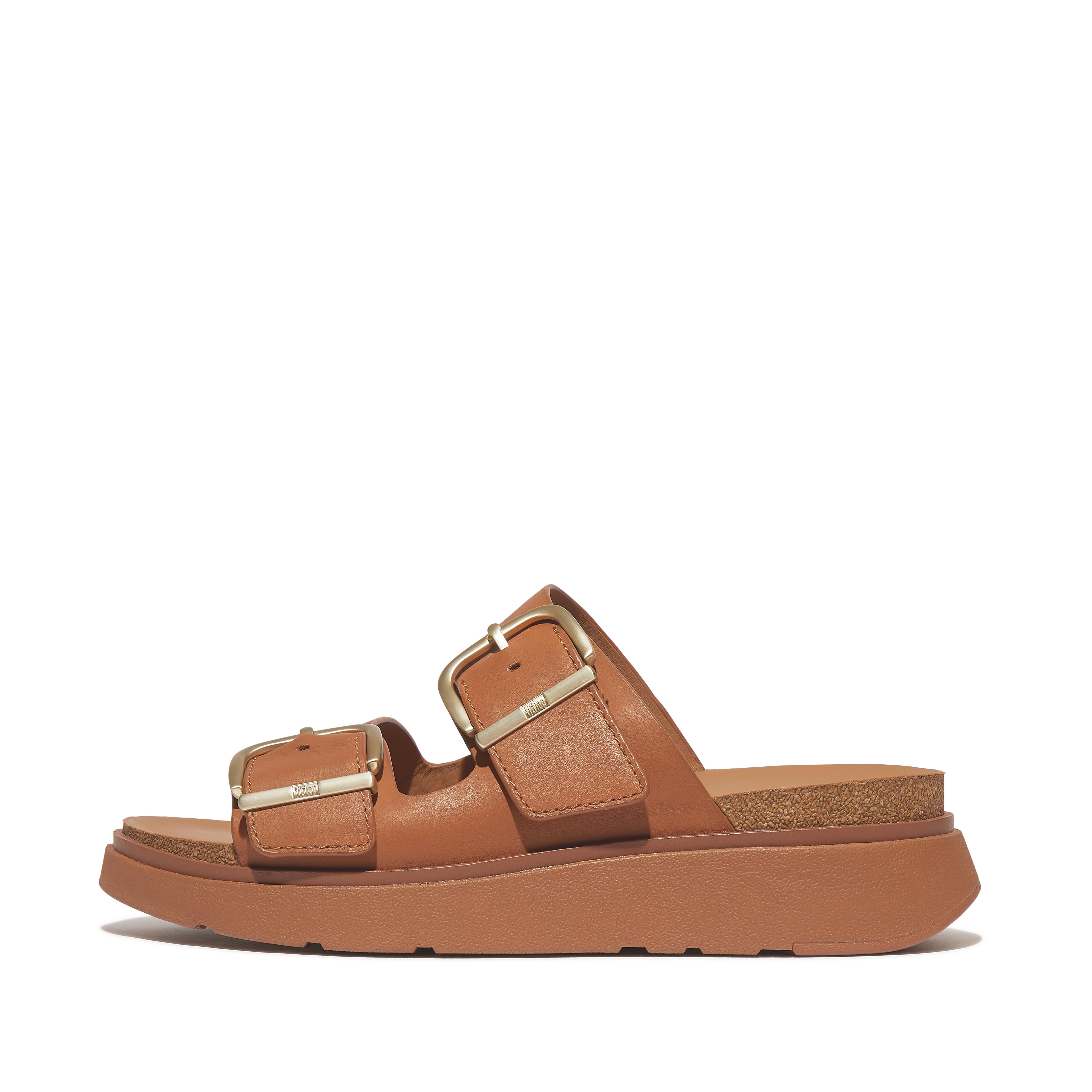 FitFlop GEN-FF Buckle Two-Bar Leather Slides - Light Tan