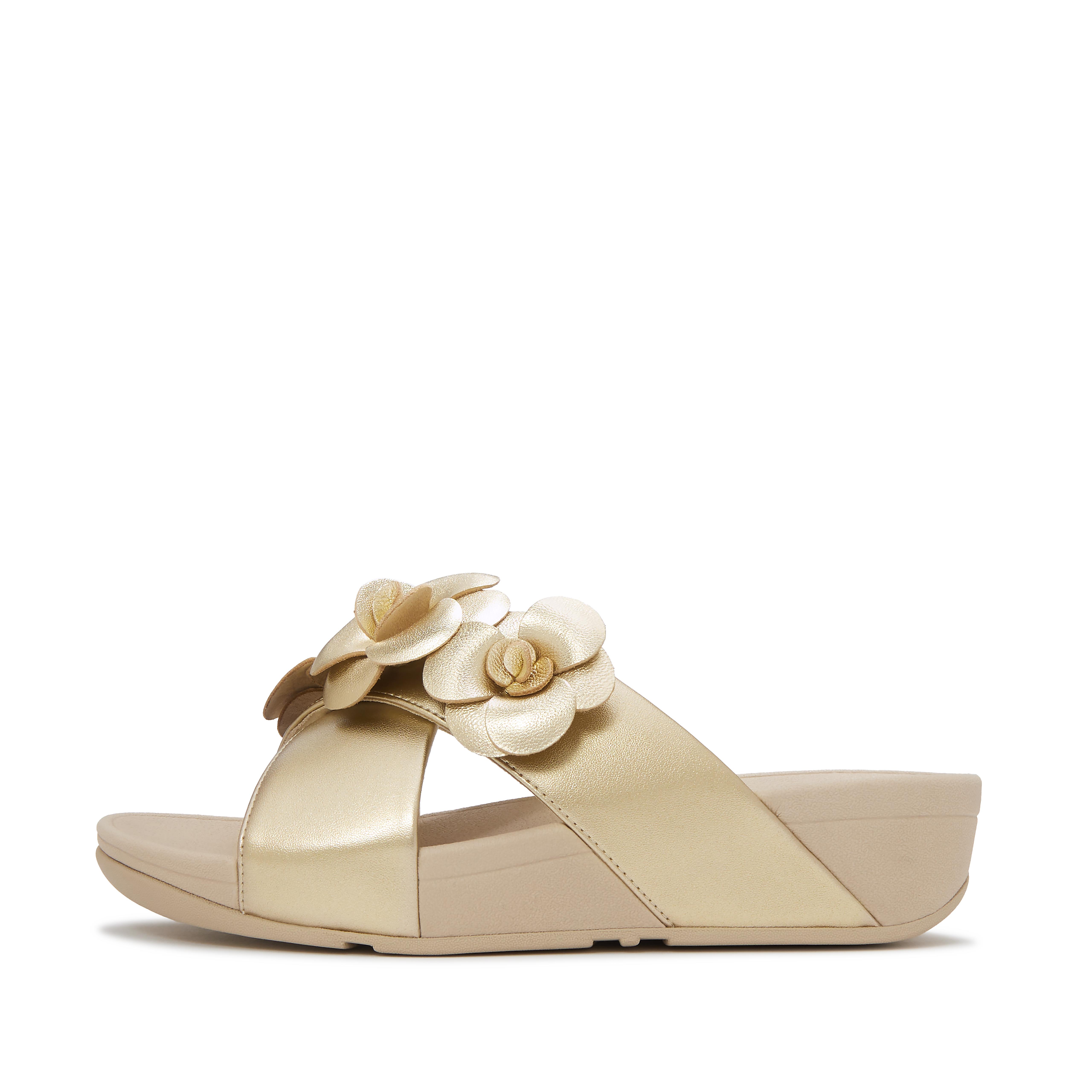 FitFlop LULU Flower Metallic Cross Slides - Platino