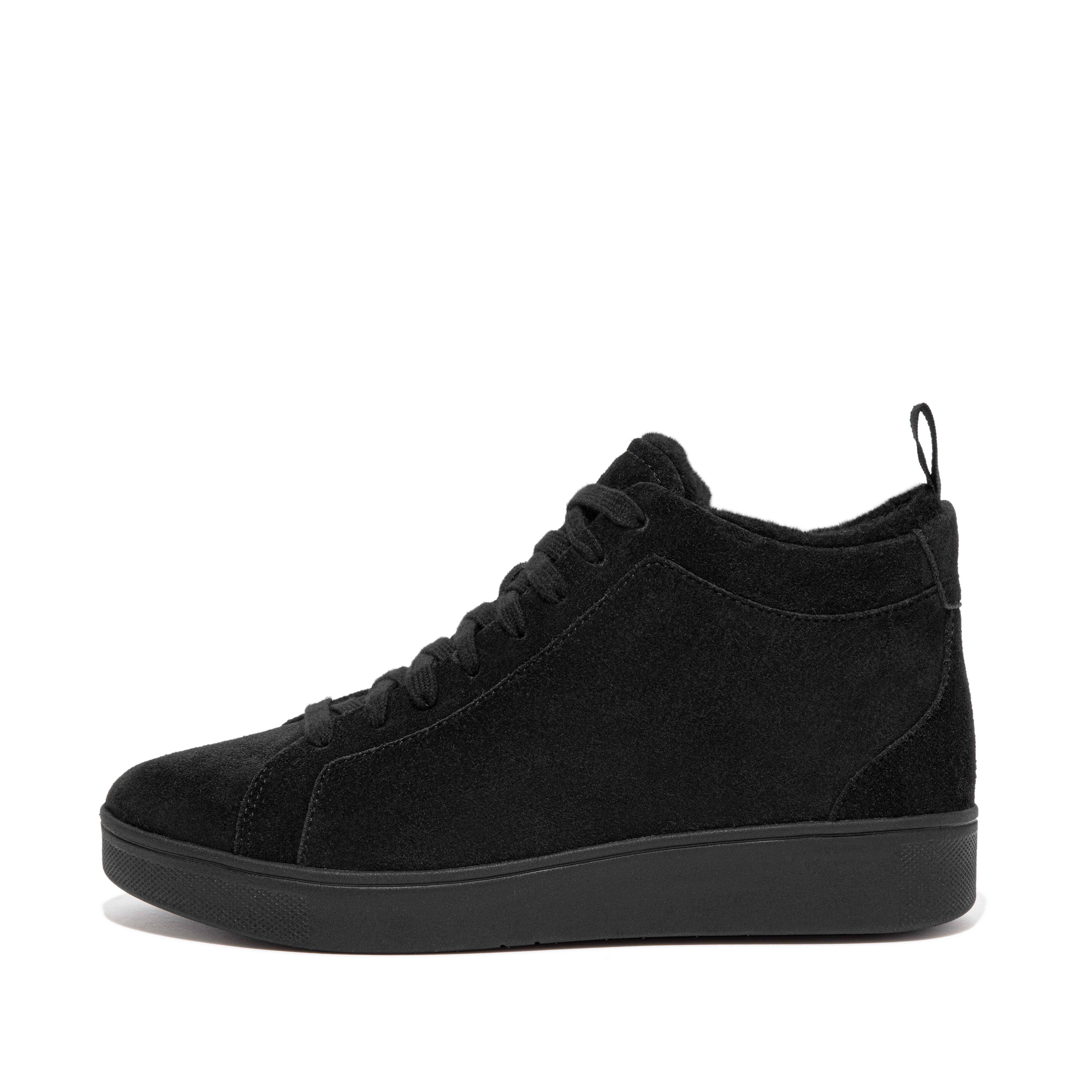 FitFlop RALLY Faux-Fur Lined Suede High-Top Sneakers - All Black