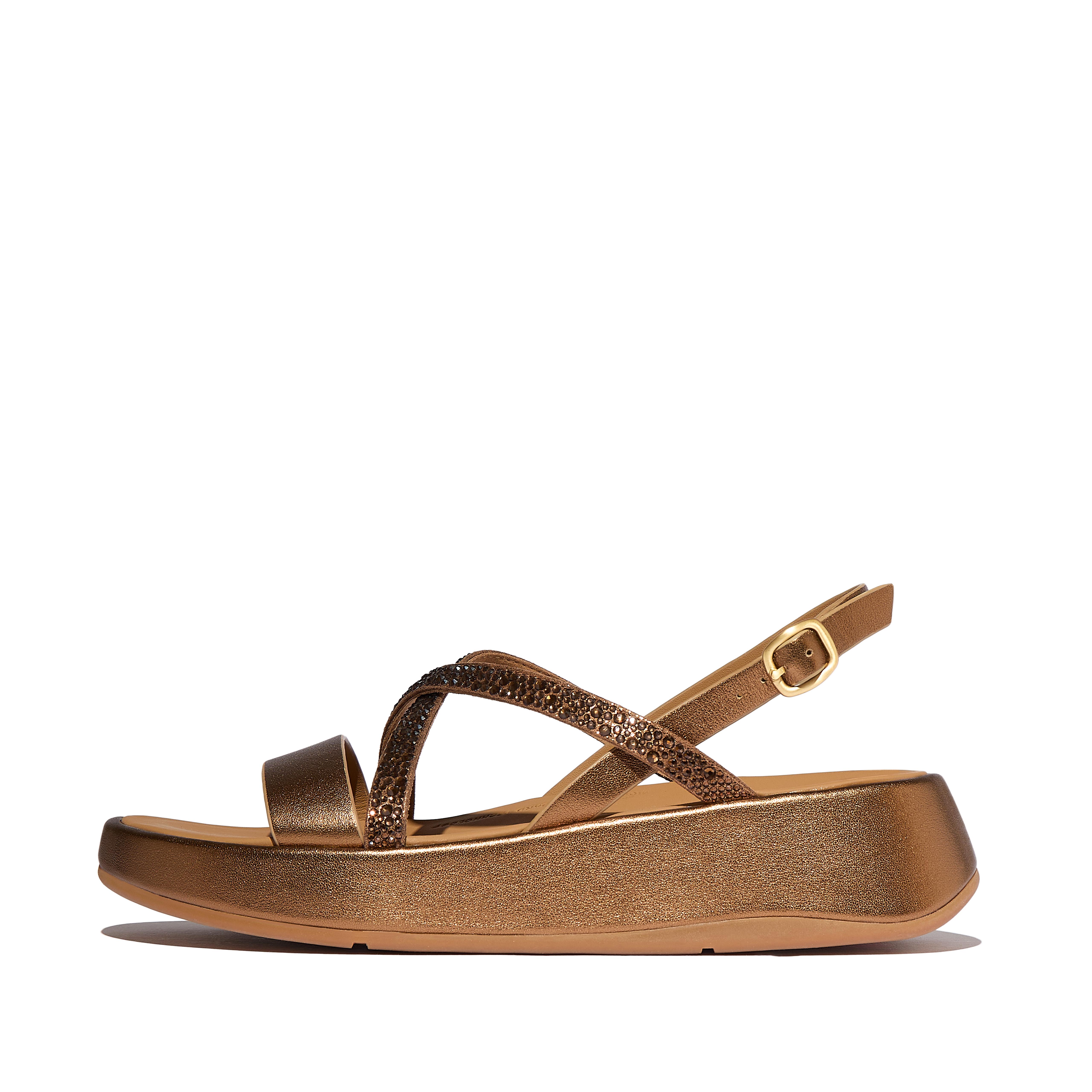 FitFlop F-MODE Crystal-Mix Flatform Strappy Back-Strap Sandals - Bronze