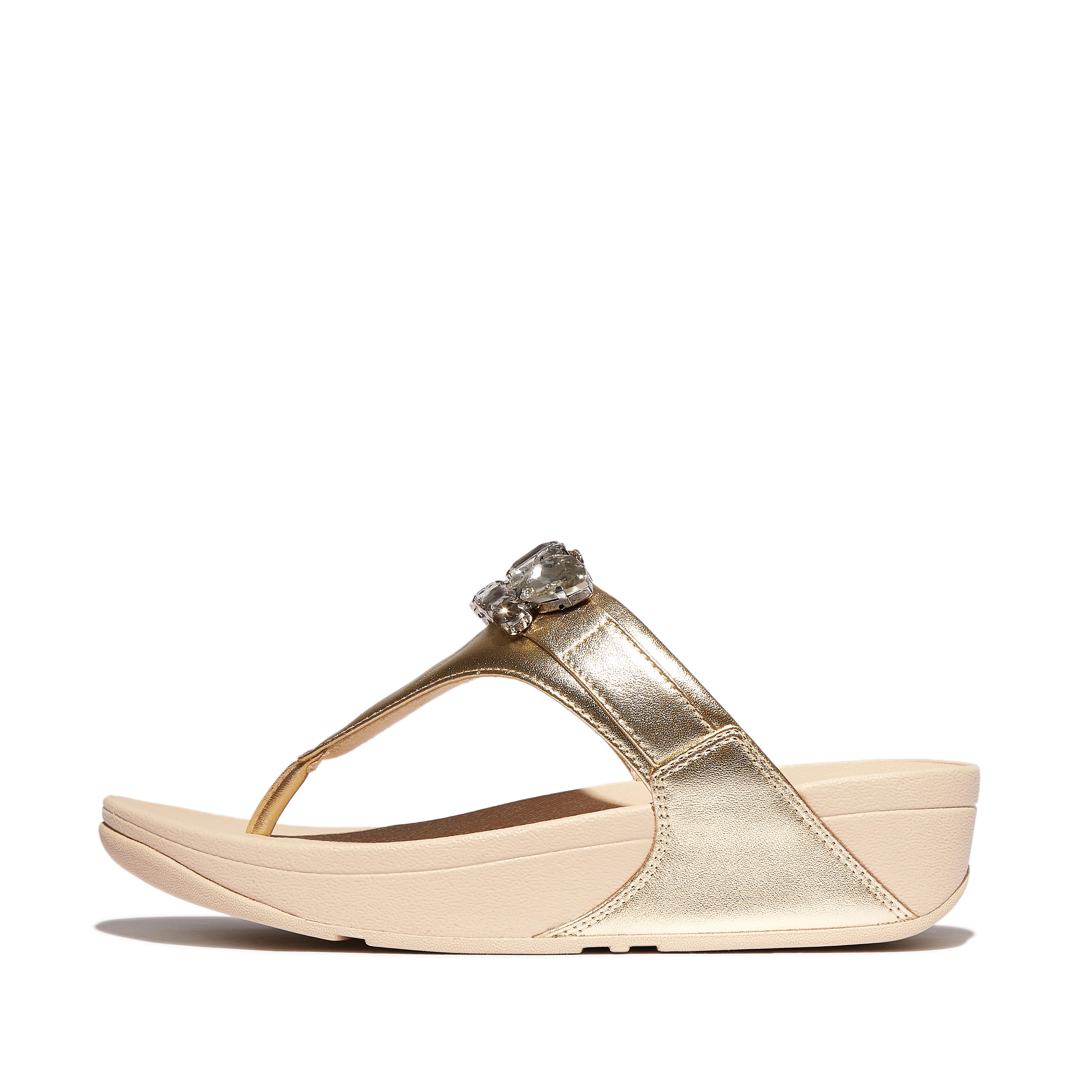 FitFlop LULU Jewel-Deluxe Metallic-Leather Toe-Post Sandals - Platino