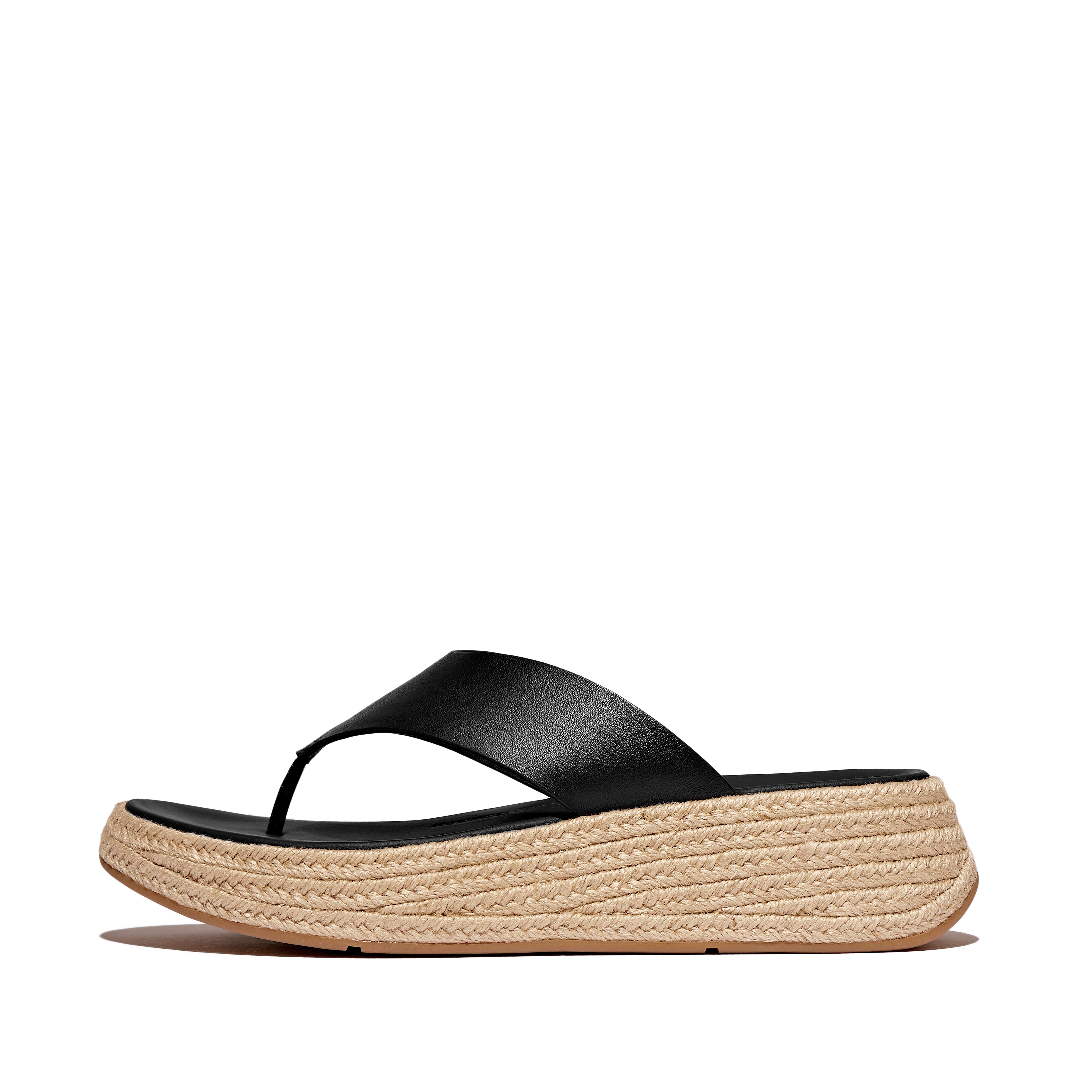 FitFlop F-MODE Espadrille Leather Flatform Toe-Post Sandals - Black