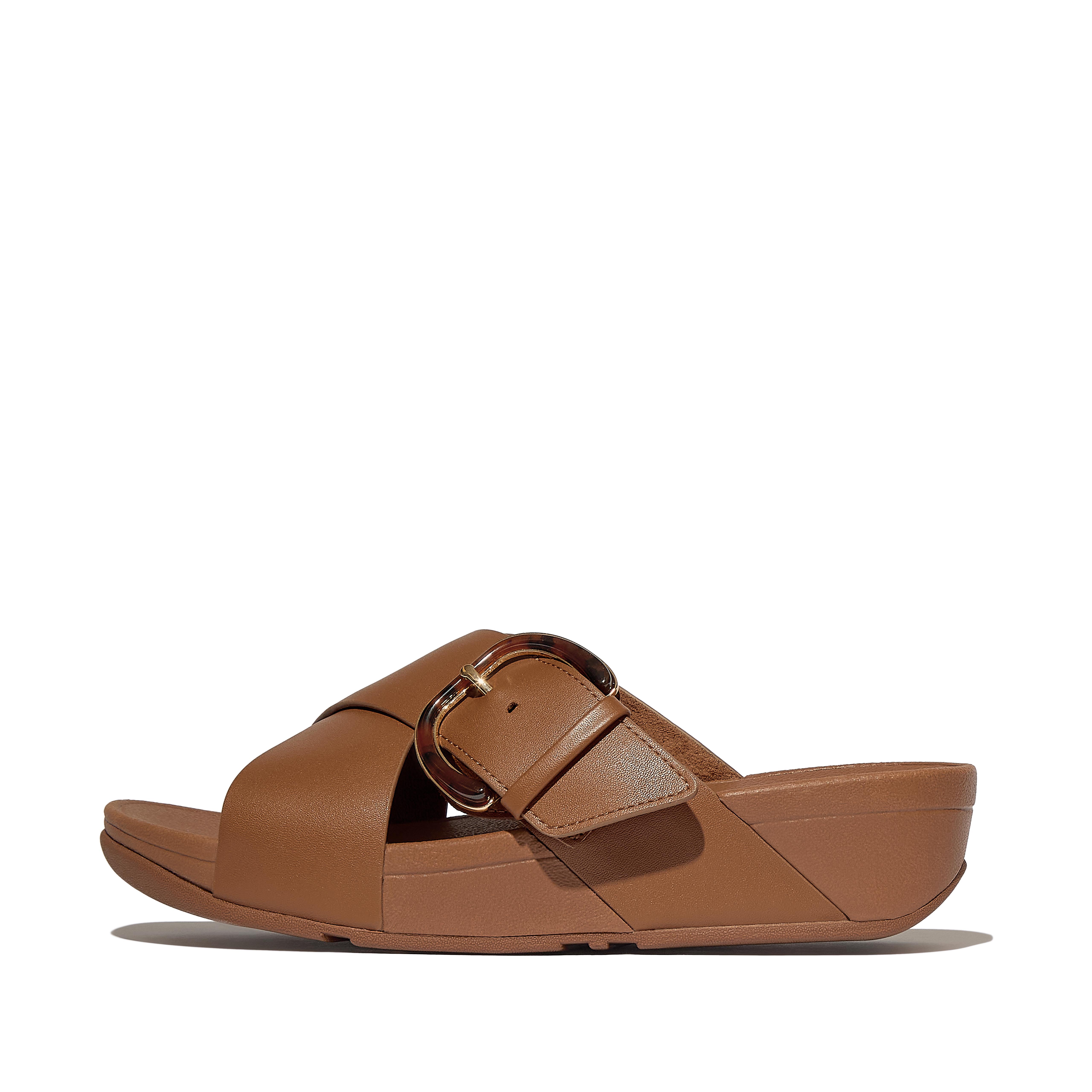 FitFlop LULU Resin-Buckle Leather Cross Slides - Deep tan