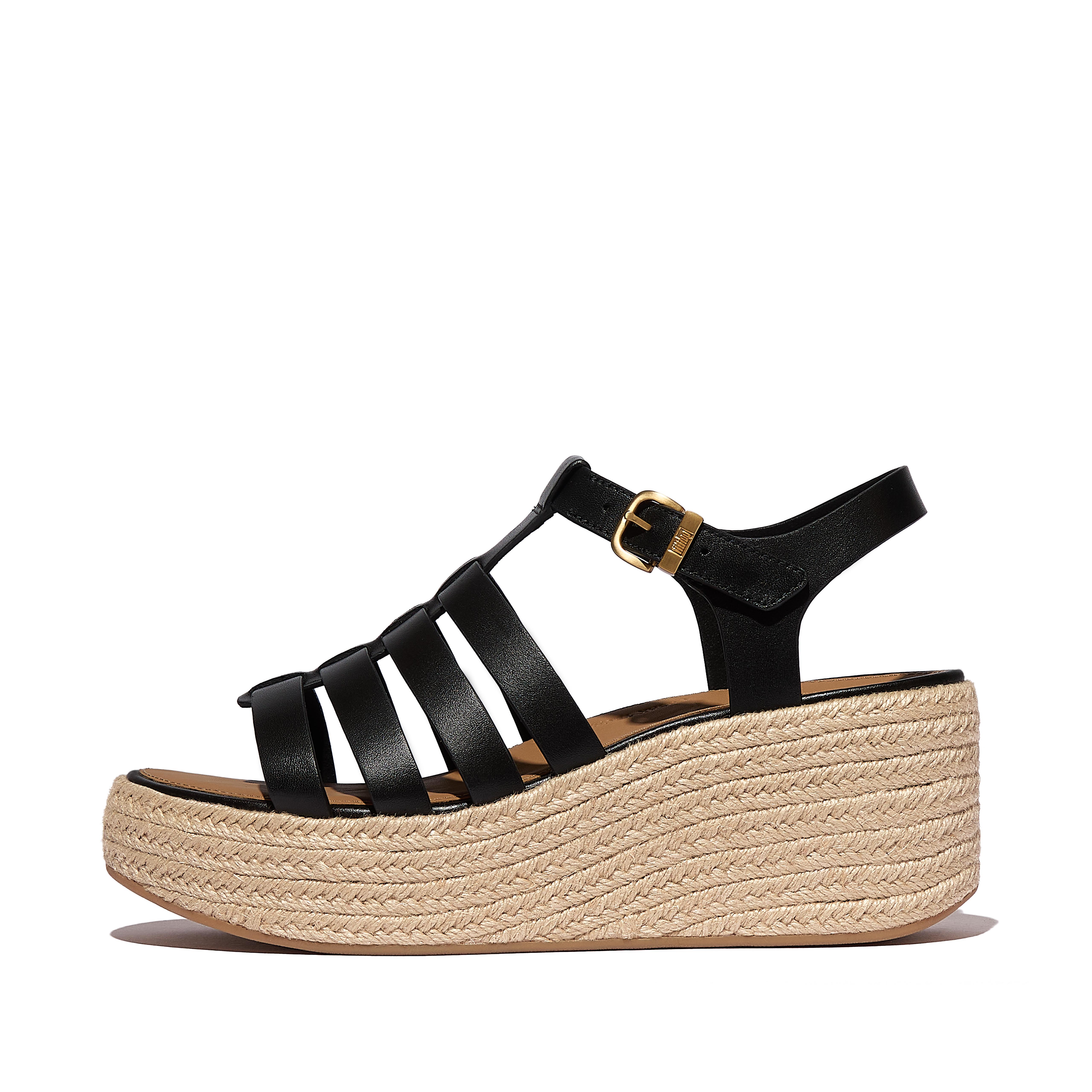 FitFlop PLATFFORMS Espadrille Leather Fisherman Wedge Sandals - Black