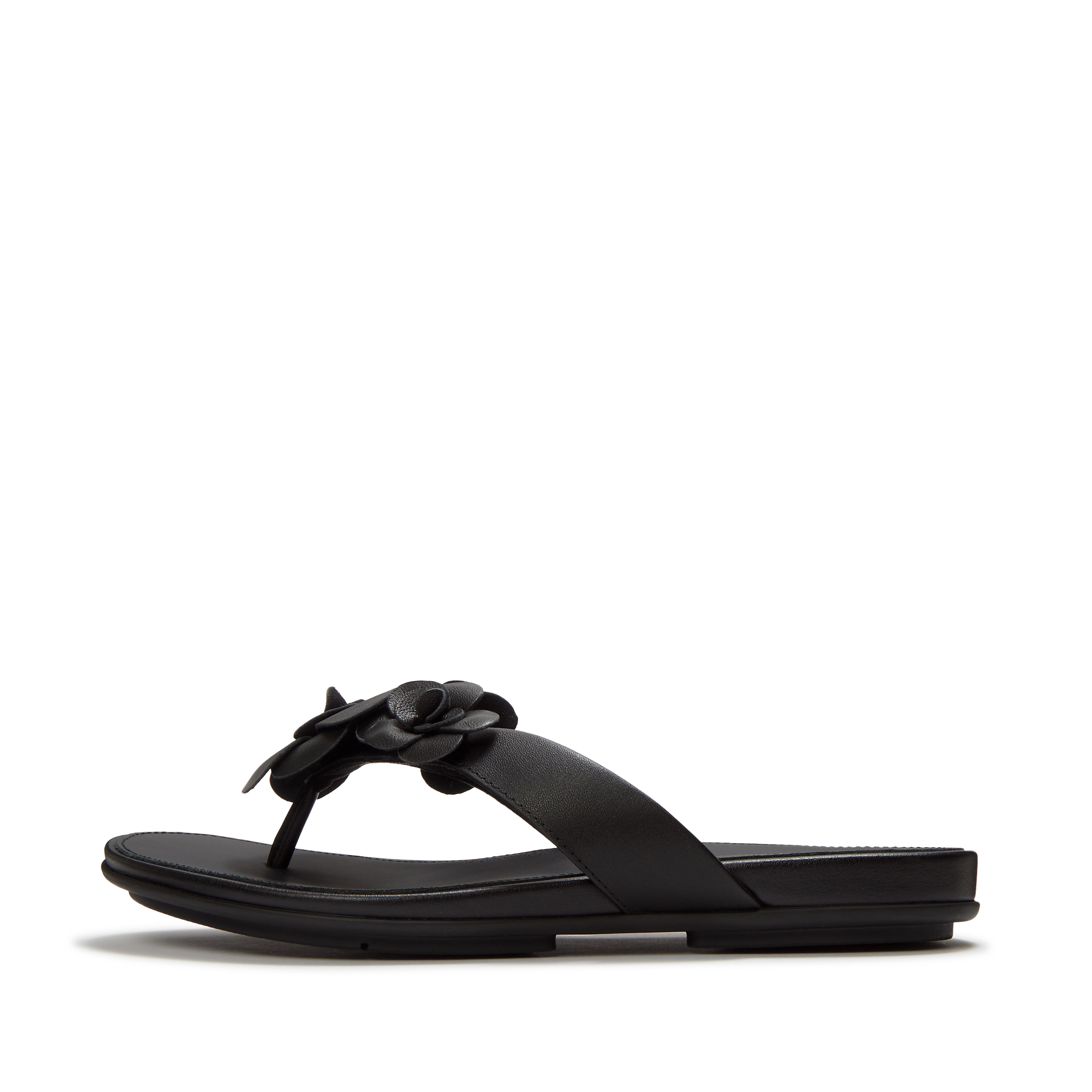 FitFlop GRACIE Flower Leather Flip-Flops - Black