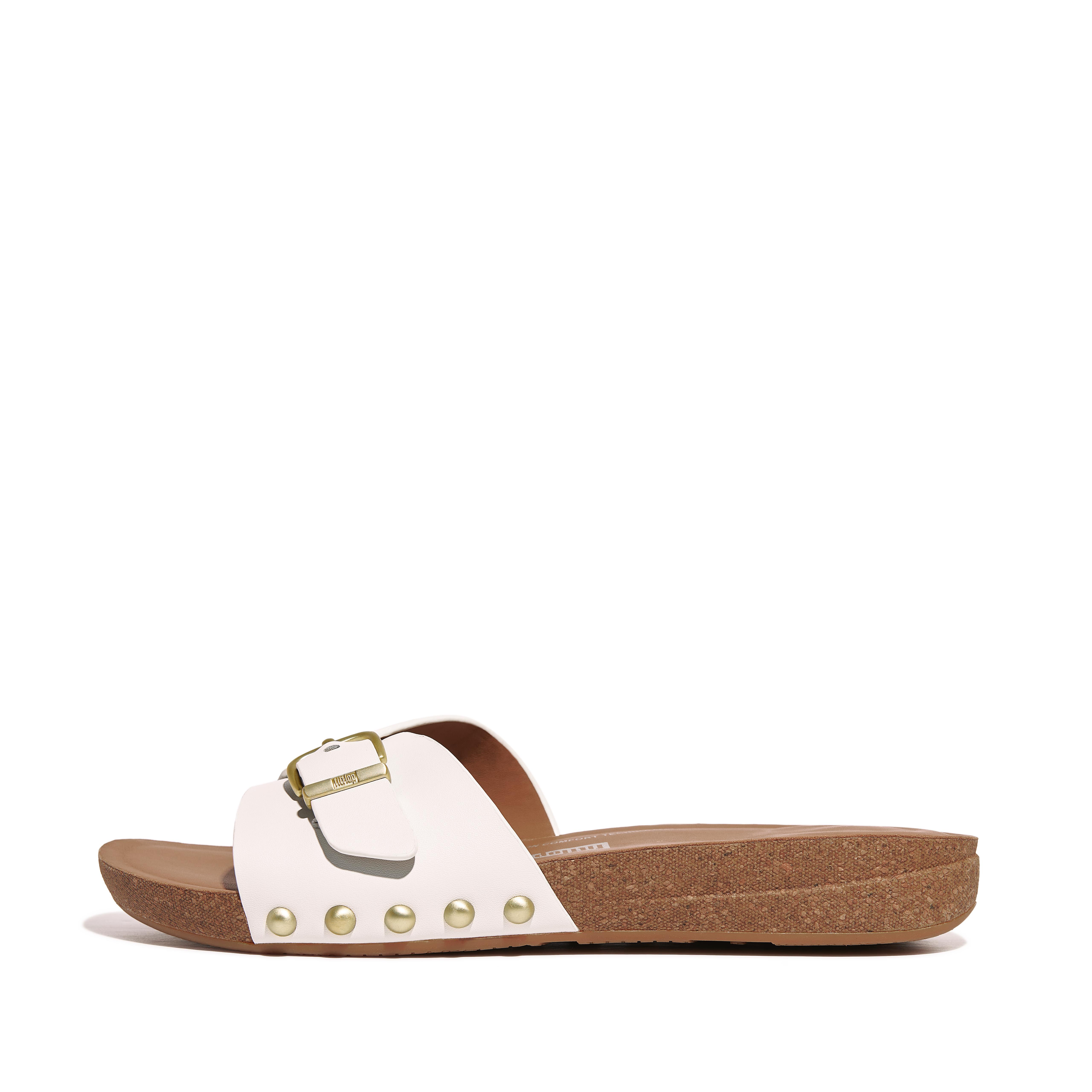 FitFlop IQUSHION Adjustable Buckle Leather Sliders - Urban White