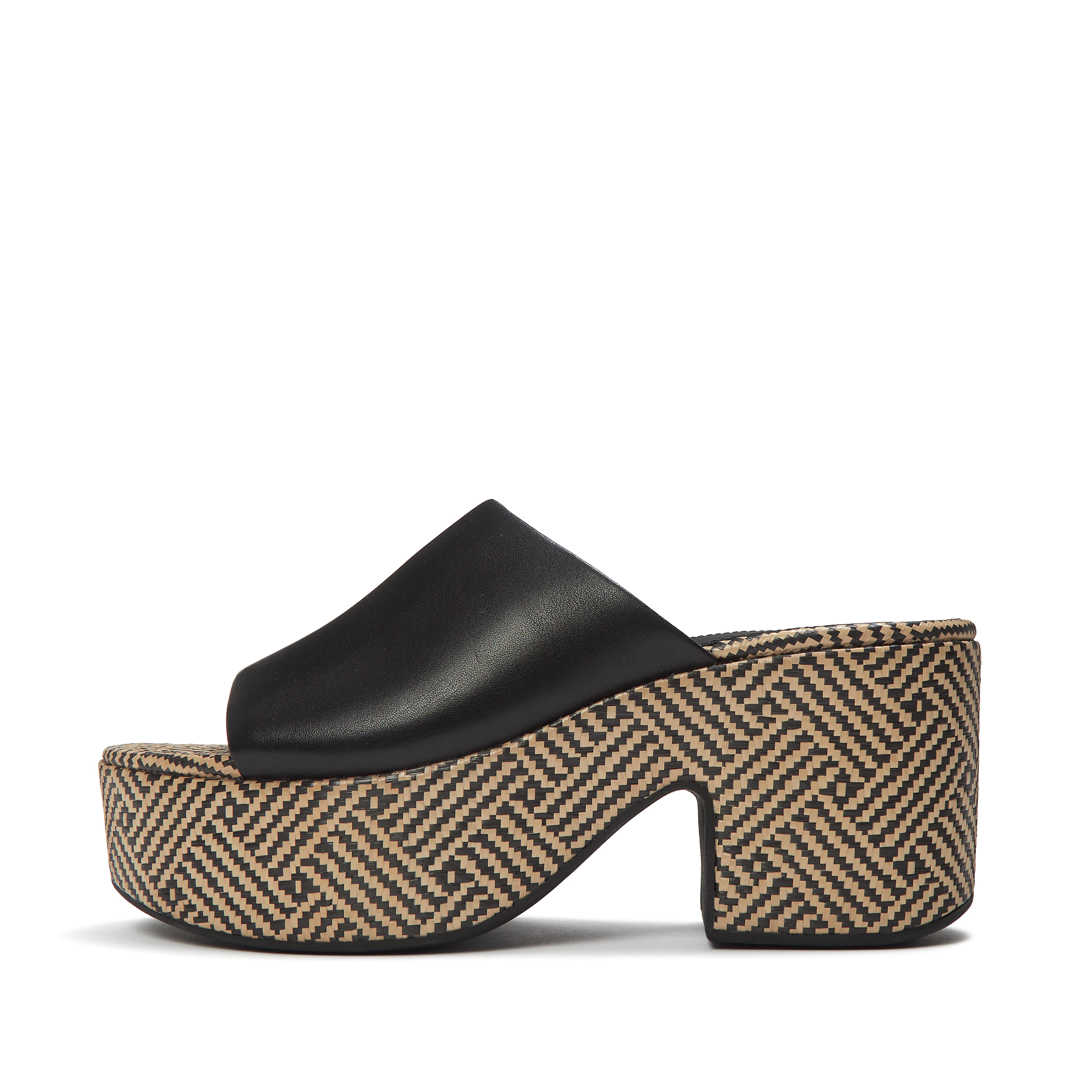 FitFlop PLATFFORMS Graphic-Weave Leather Heeled Slides - Black