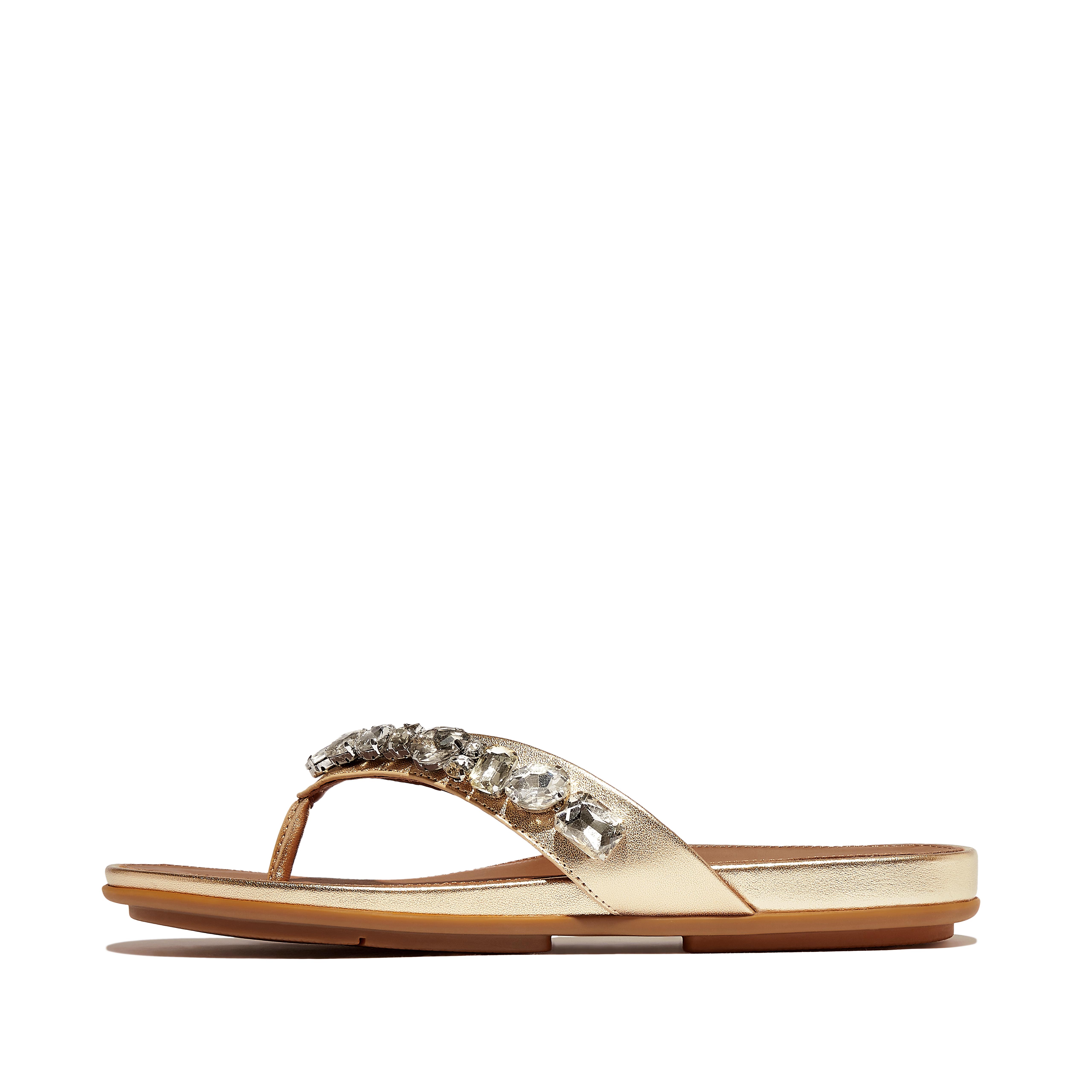 FitFlop GRACIE Jewel-Deluxe Metallic-Leather Flip-Flops - Platino