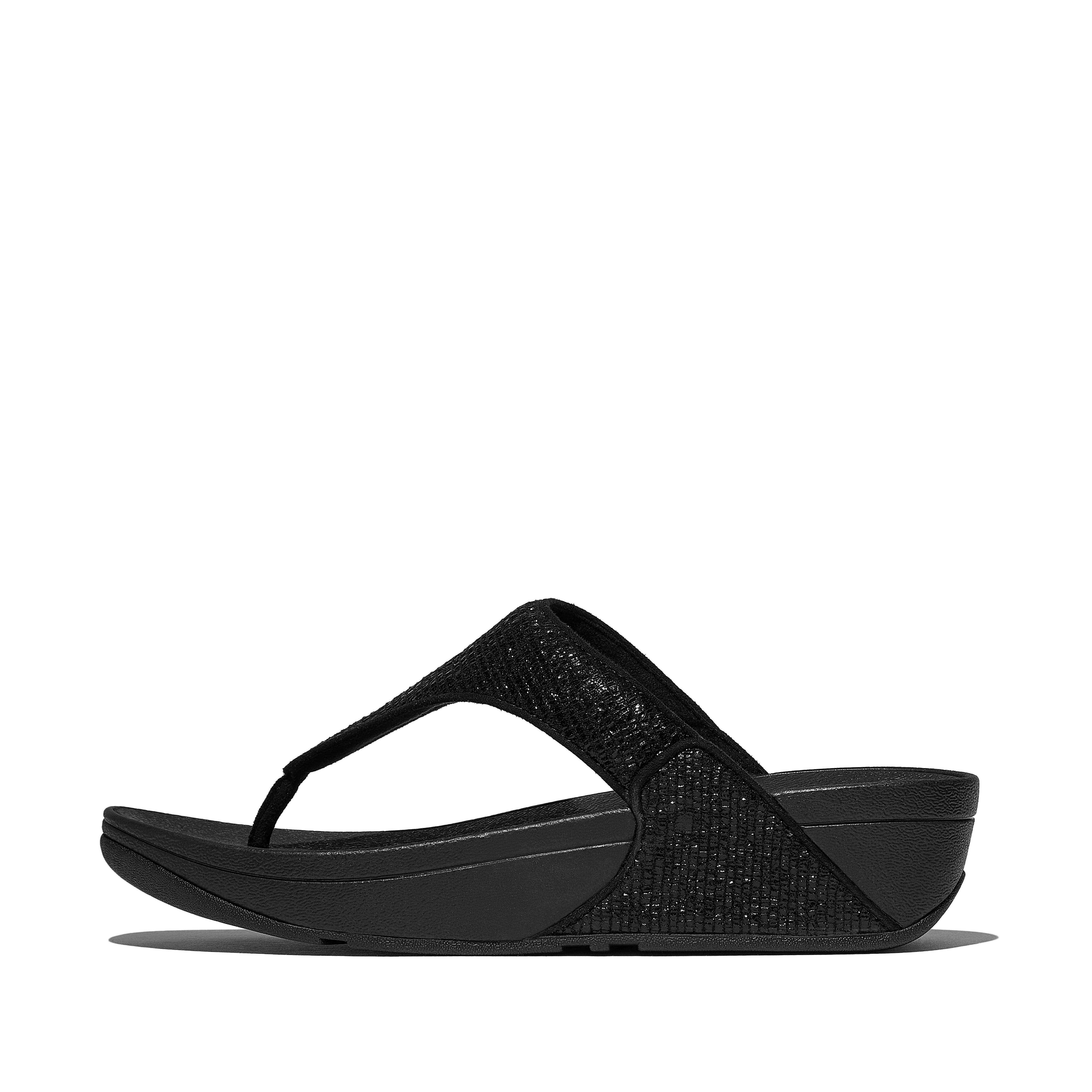 FitFlop LULU Crinkled-Shimmer Toe-Post Sandals - Metallic Black