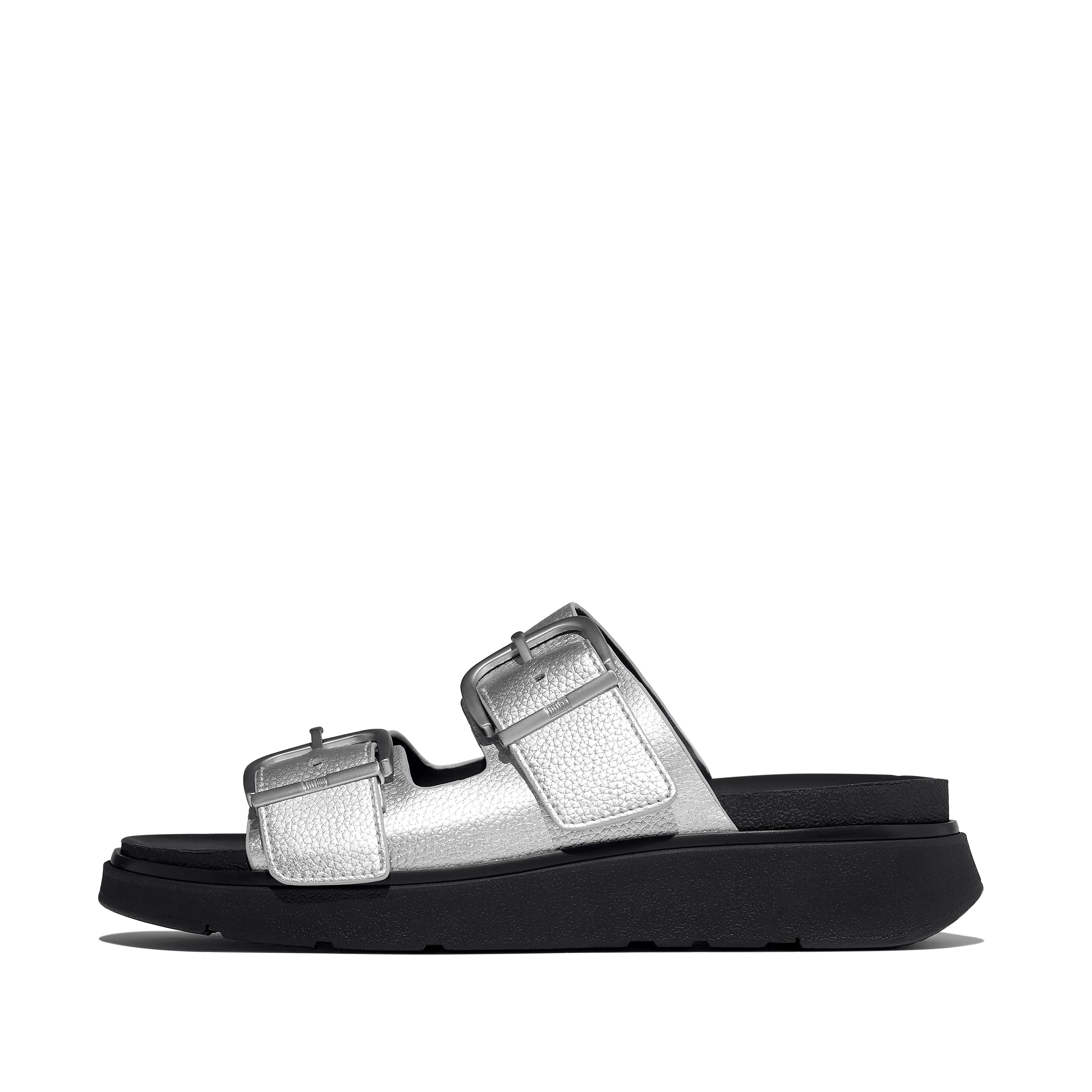 FitFlop GEN-FF Buckle Metallic Tumbled-Leather Two-Bar Slides - Silver