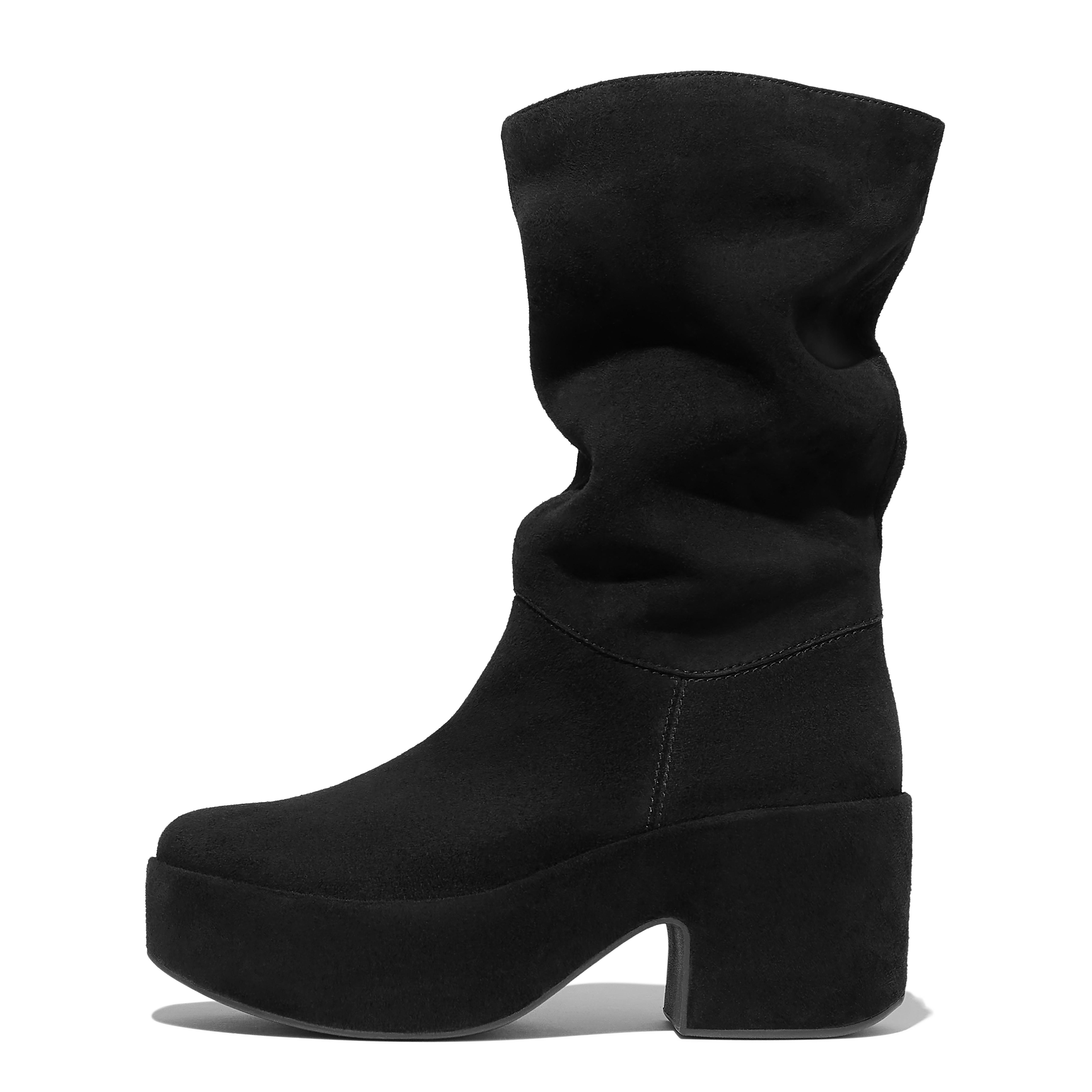 FitFlop PLATFFORMS Slouch Suede Heeled Short Boots - All Black