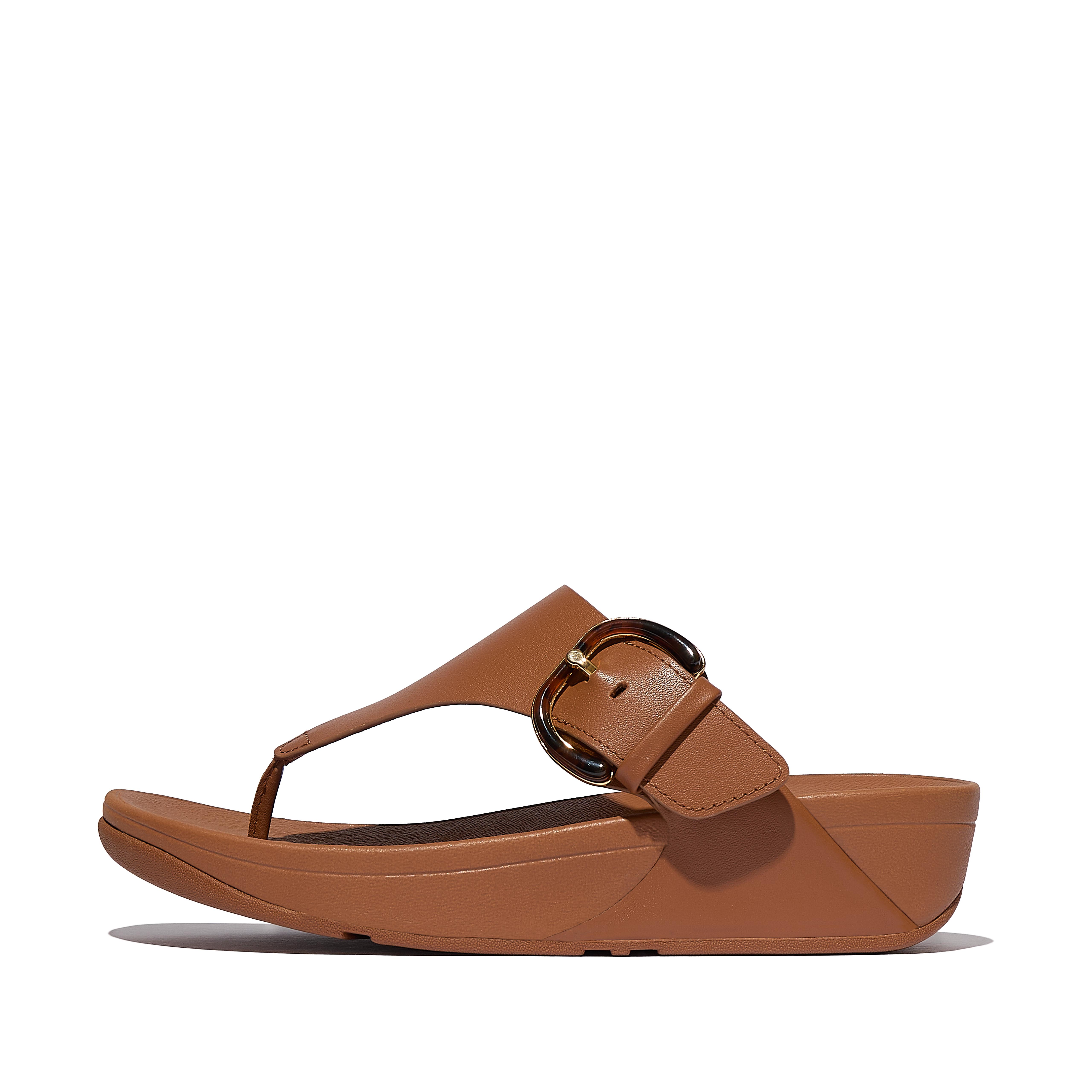 FitFlop LULU Resin-Buckle Leather Toe-Post Sandals - Deep tan