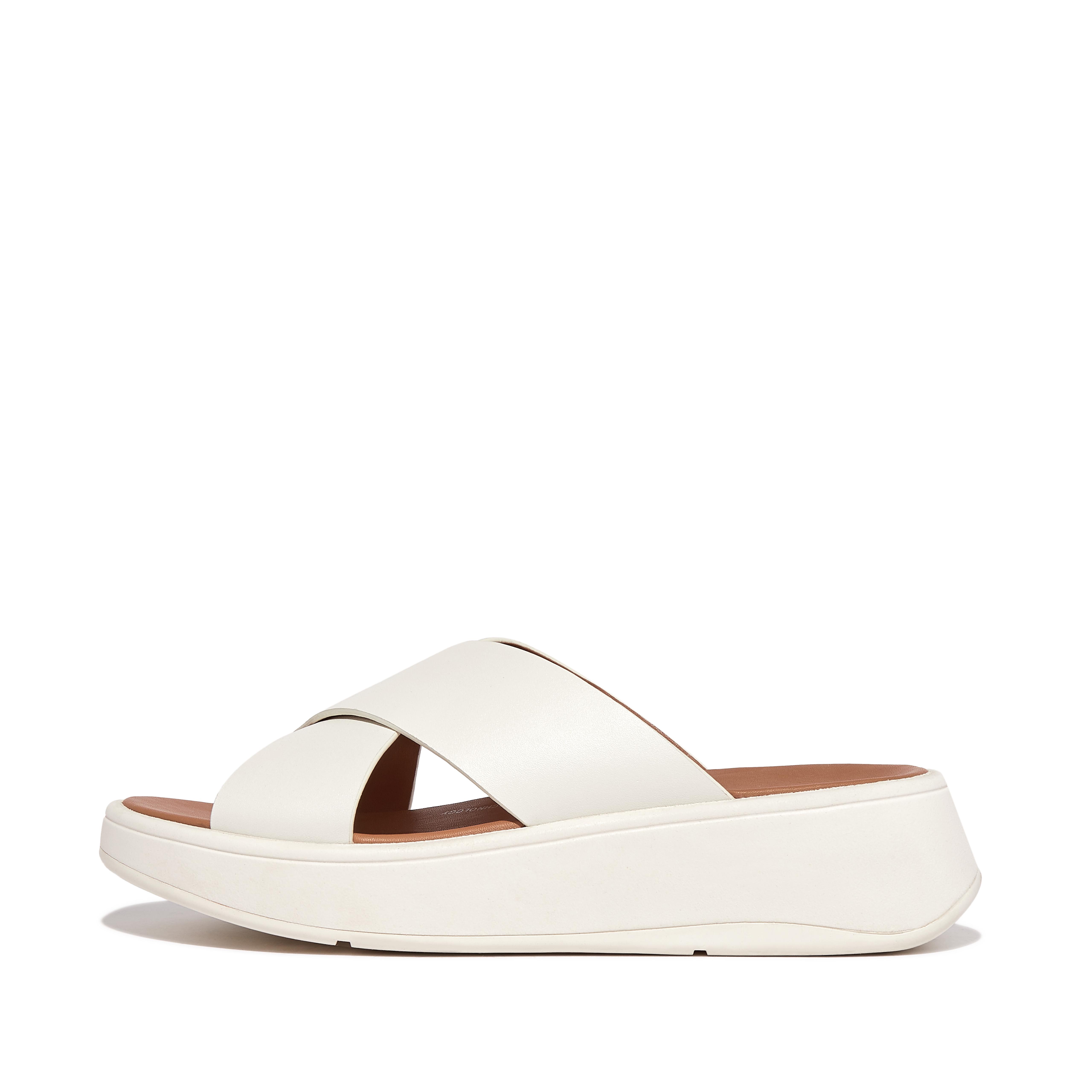 FitFlop F-MODE Leather Flatform Cross Slides - Cream
