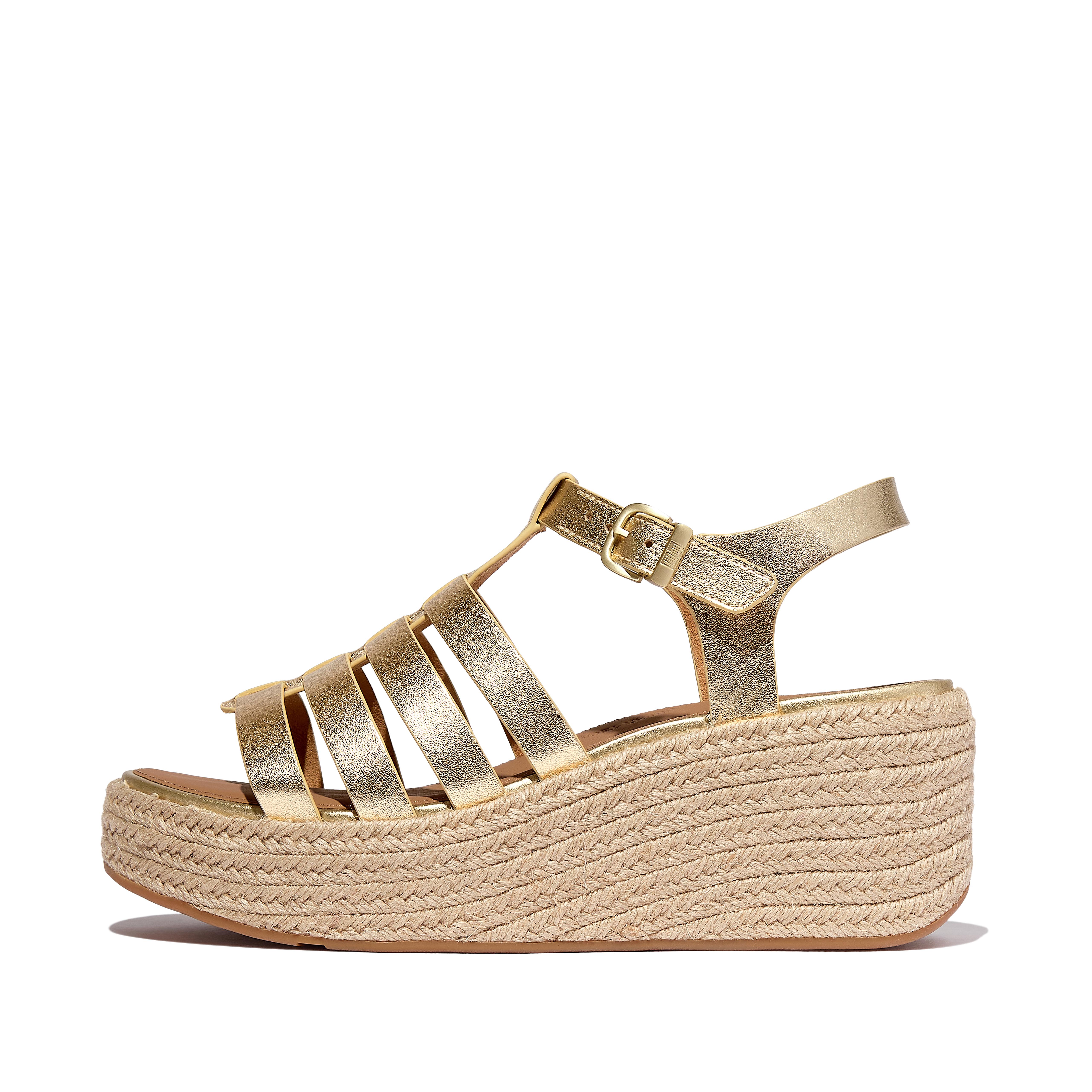 FitFlop PLATFFORMS Espadrille Metallic-Leather Fisherman Wedge Sandals - Platino
